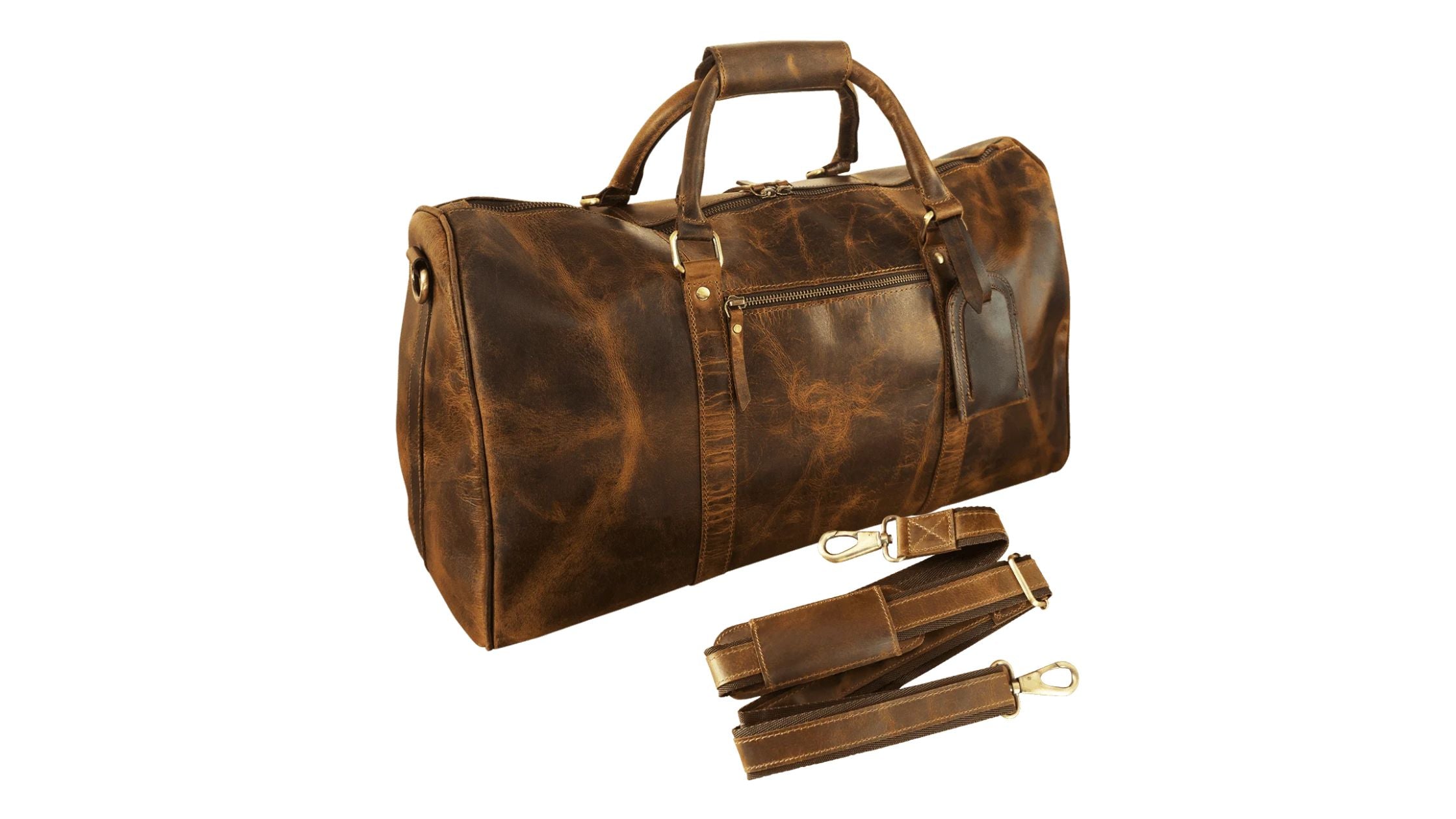 brown leather duffle bag