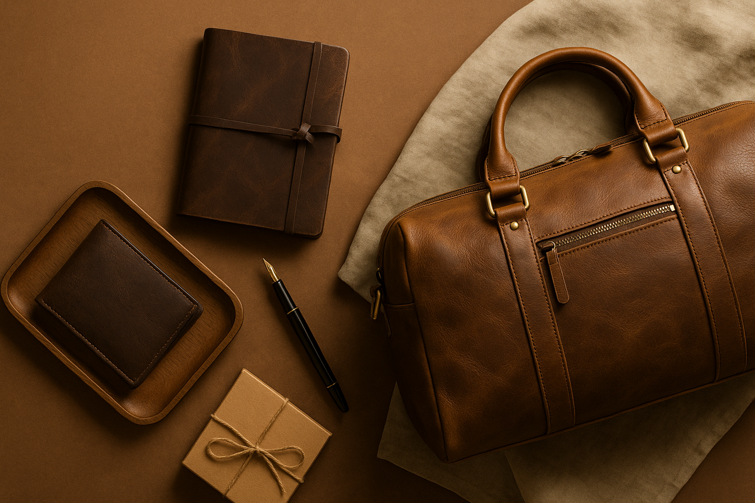 Curated collection of timeless leather gifts including wallet, journal, and duffle bag arranged on elegant wood surface — Elizo premium gift guide