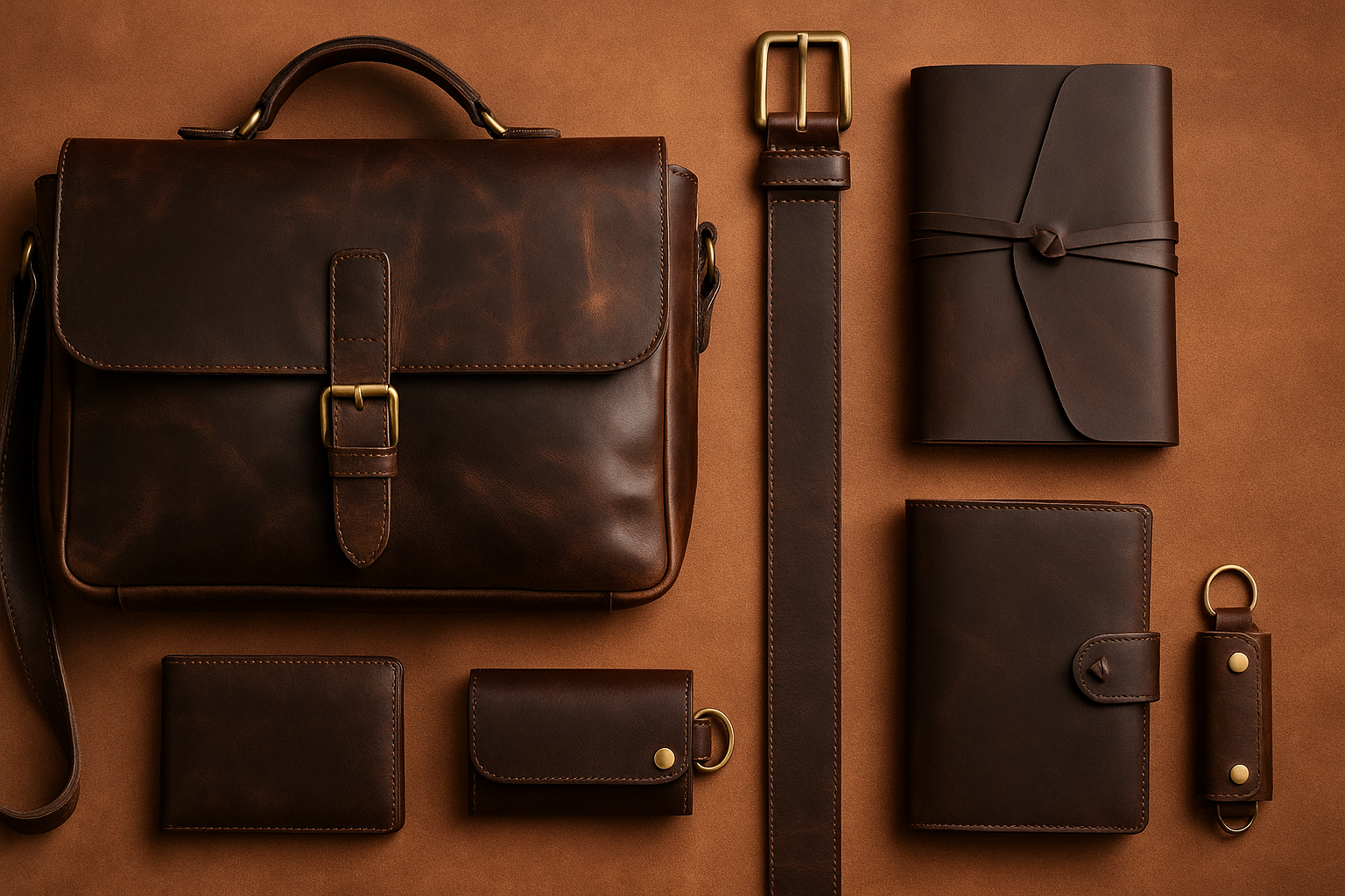 Flat lay of foundational leather essentials for a timeless collection — including a messenger bag, belt, wrap journal, bifold wallet, and key holder — all in rich brown tones with brass accents, styled by ELIZO.