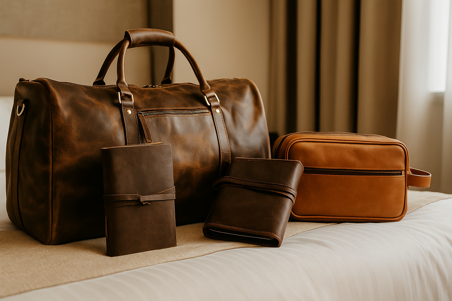 Leather duffle bag, travel journal, and toiletry bag displayed on a bed with natural light — ideal leather essentials for travel, styled by ELIZO