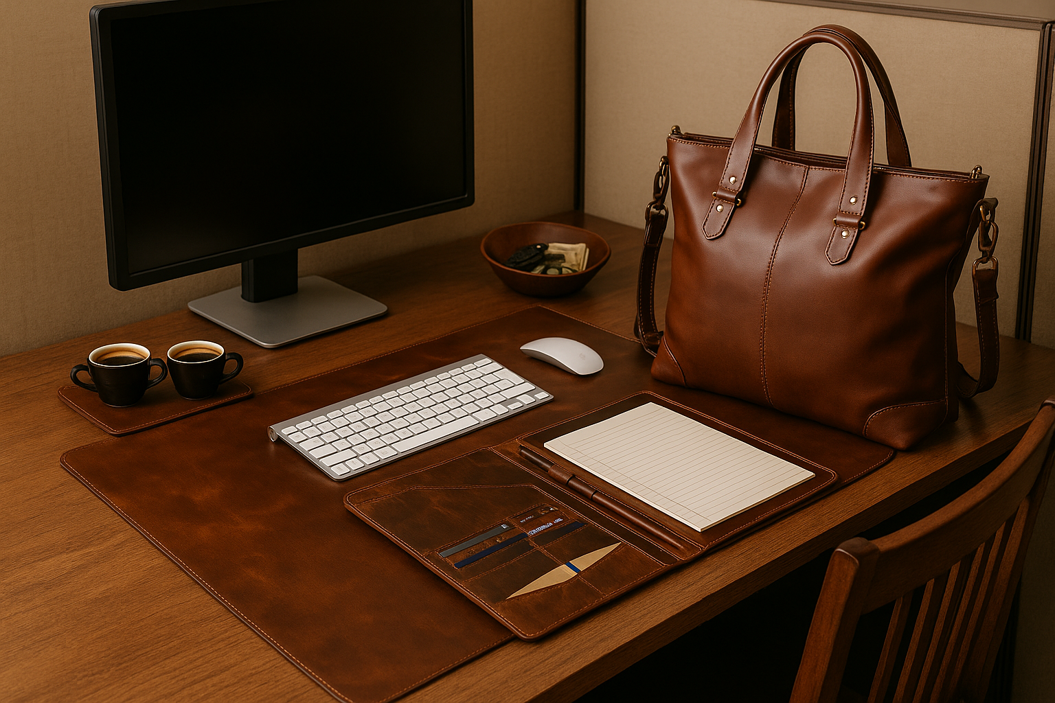 Office cubicle desk setup featuring a brown leather desk pad, portfolio, tote bag, and accessories, with a monitor, keyboard, mouse, and two coffee cups on a warm wooden surface.