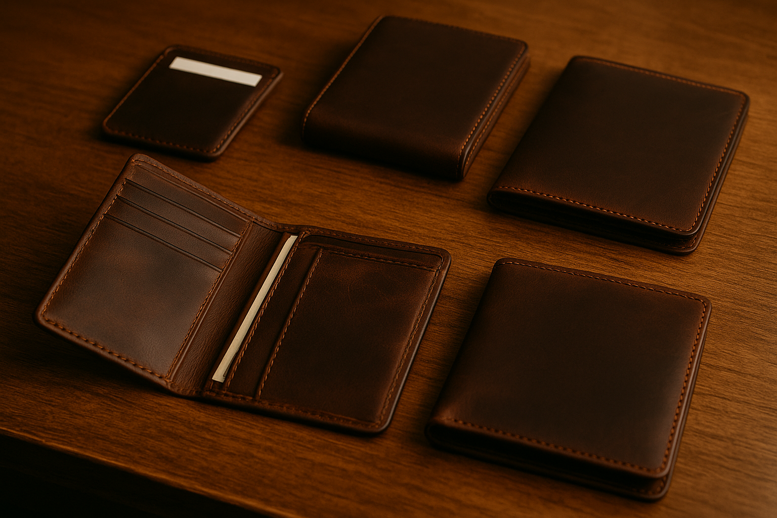 A variety of leather wallets—bifold, trifold, cardholder, and long—arranged on a wooden table under warm lighting, showcasing premium craftsmanship and material textures.