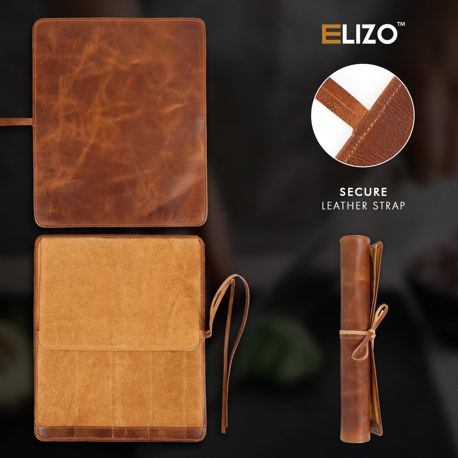 Full Grain Leather Knife Roll for Chefs - 5 Slots (Cognac, Wrap Style)