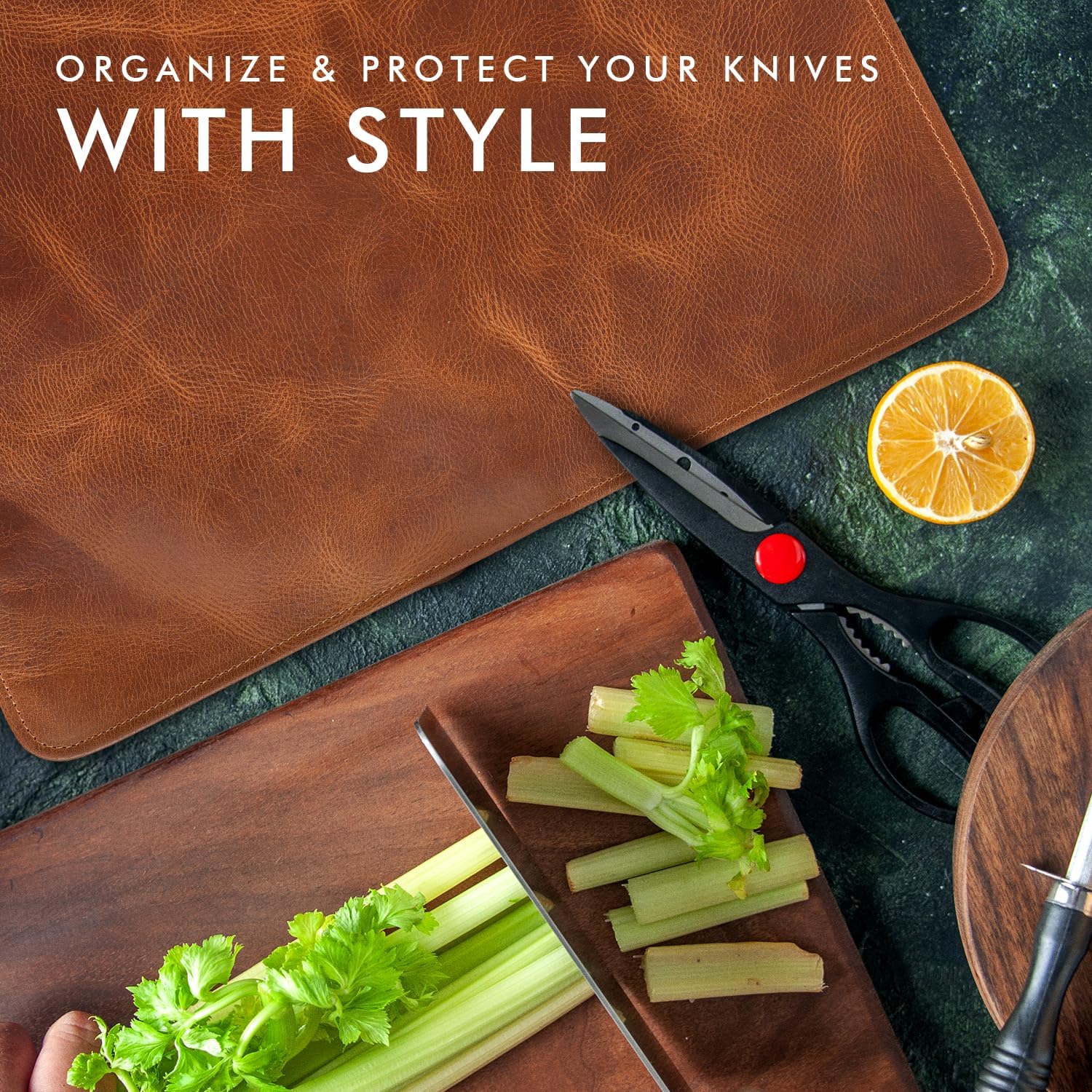 Full Grain Leather Knife Roll for Chefs - 5 Slots (Cognac, Wrap Style)