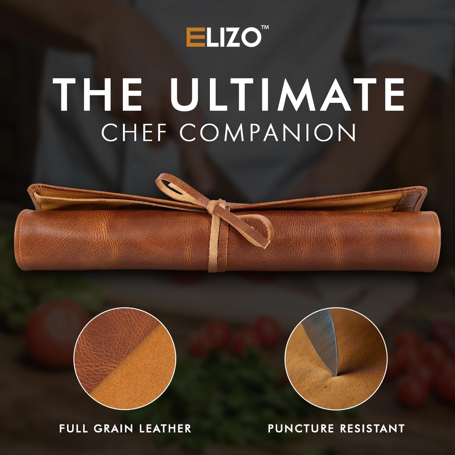 Full Grain Leather Knife Roll for Chefs - 5 Slots (Cognac, Wrap Style)