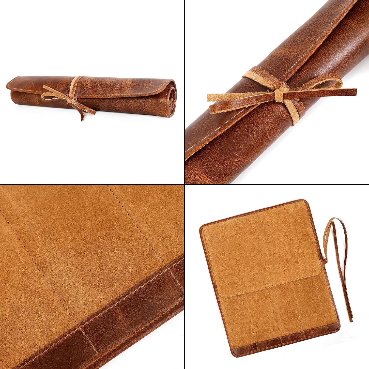 Full Grain Leather Knife Roll for Chefs - 5 Slots (Cognac, Wrap Style)