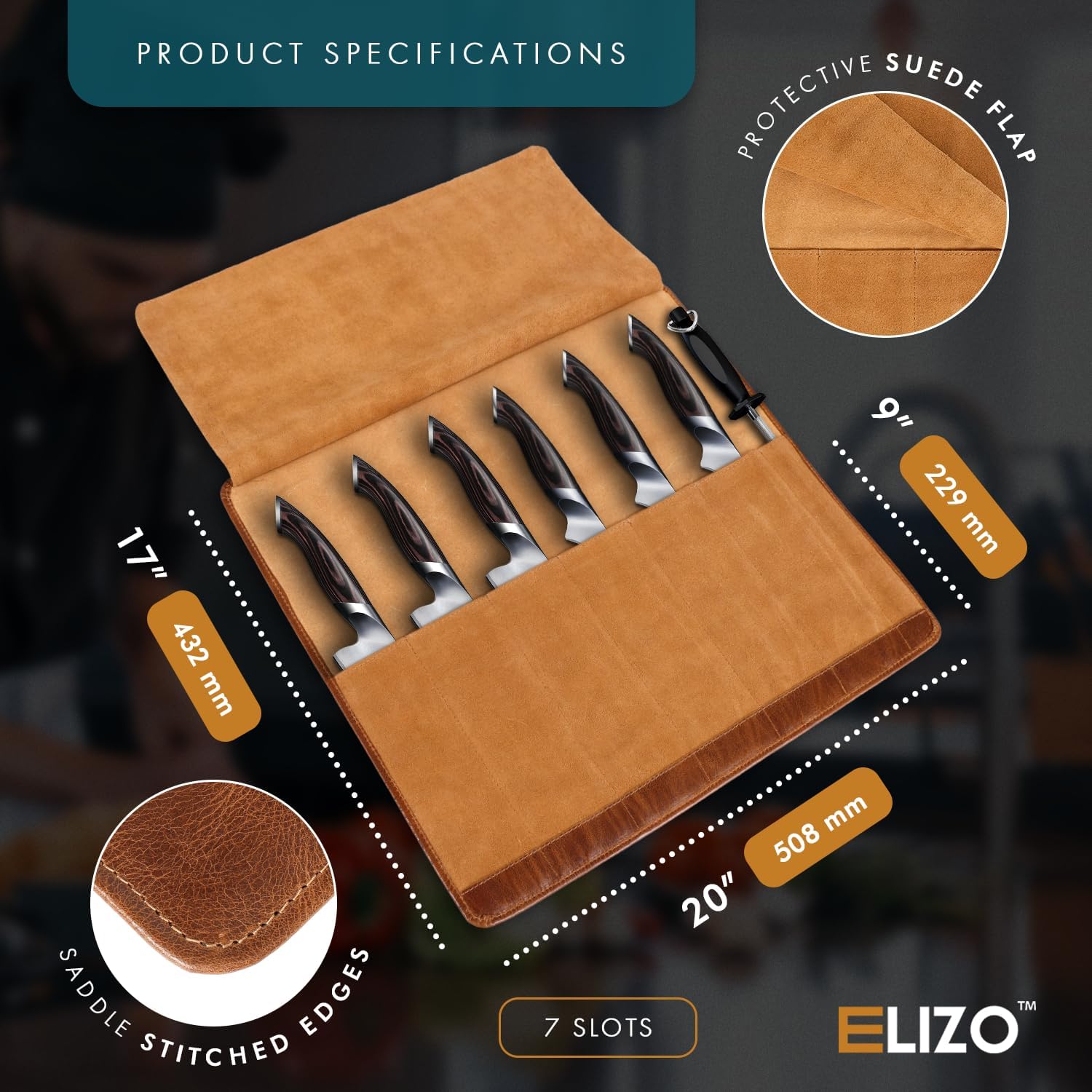 Full Grain Leather Knife Roll for Chefs - 7 Slots (Cognac, Wrap Style)