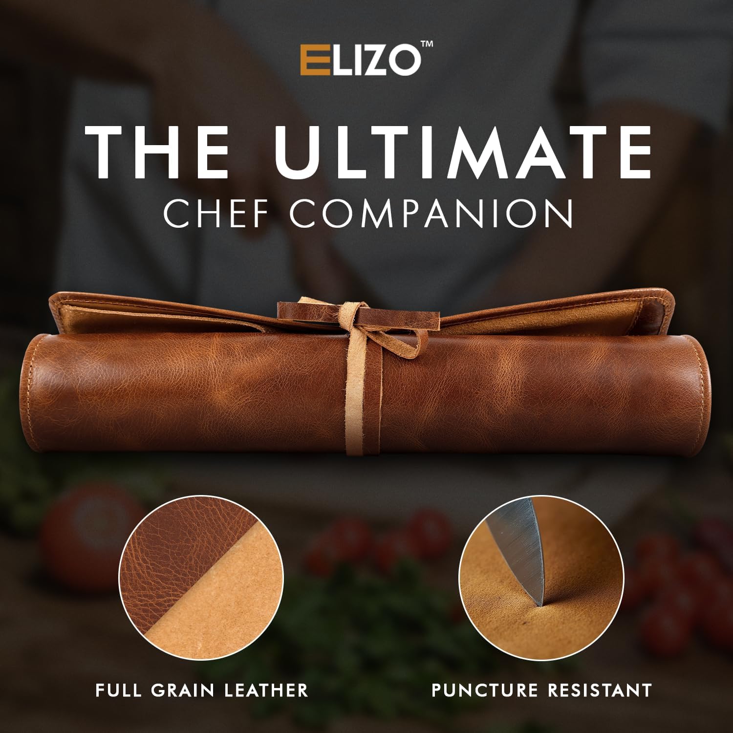 Full Grain Leather Knife Roll for Chefs - 7 Slots (Cognac, Wrap Style)