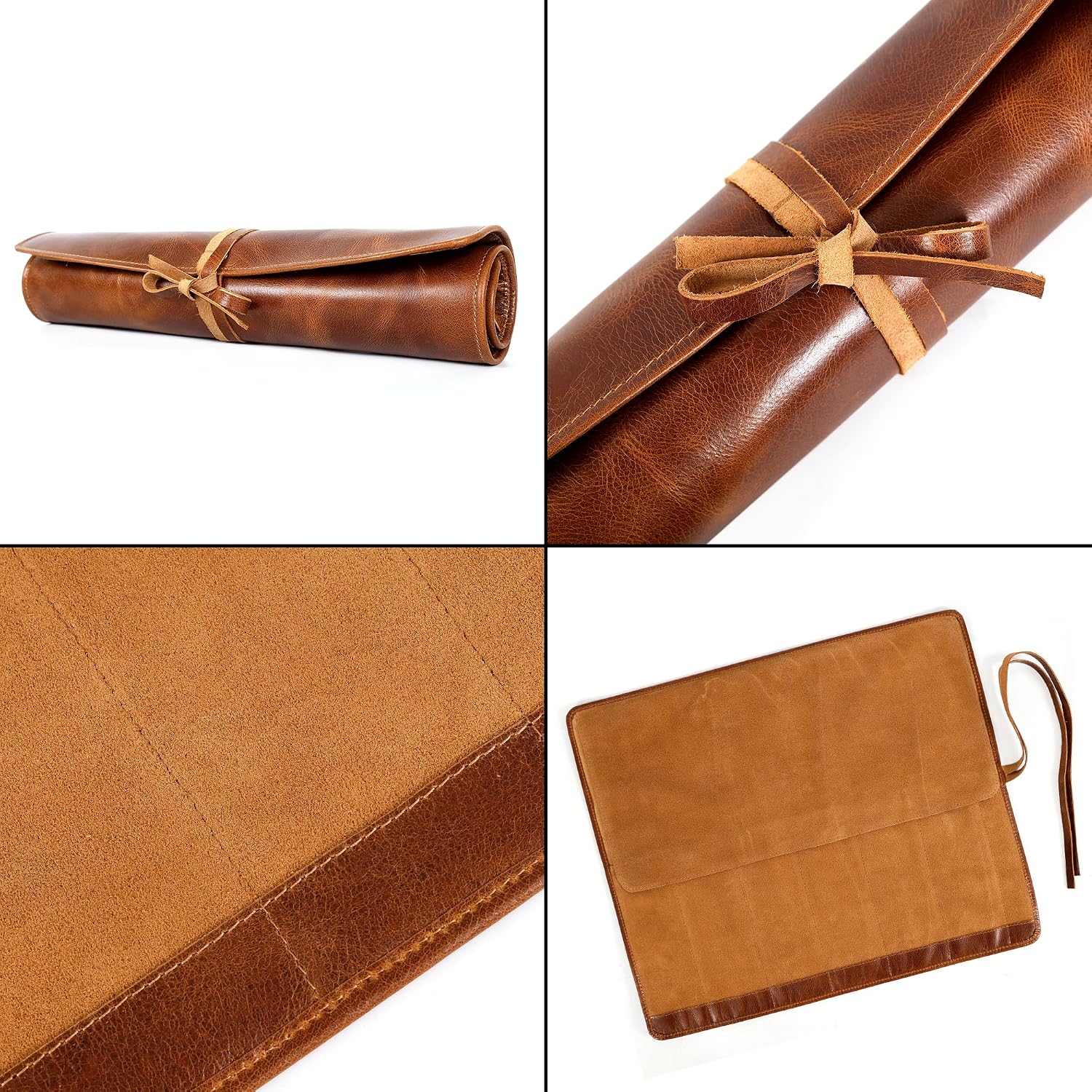 Full Grain Leather Knife Roll for Chefs - 7 Slots (Cognac, Wrap Style)