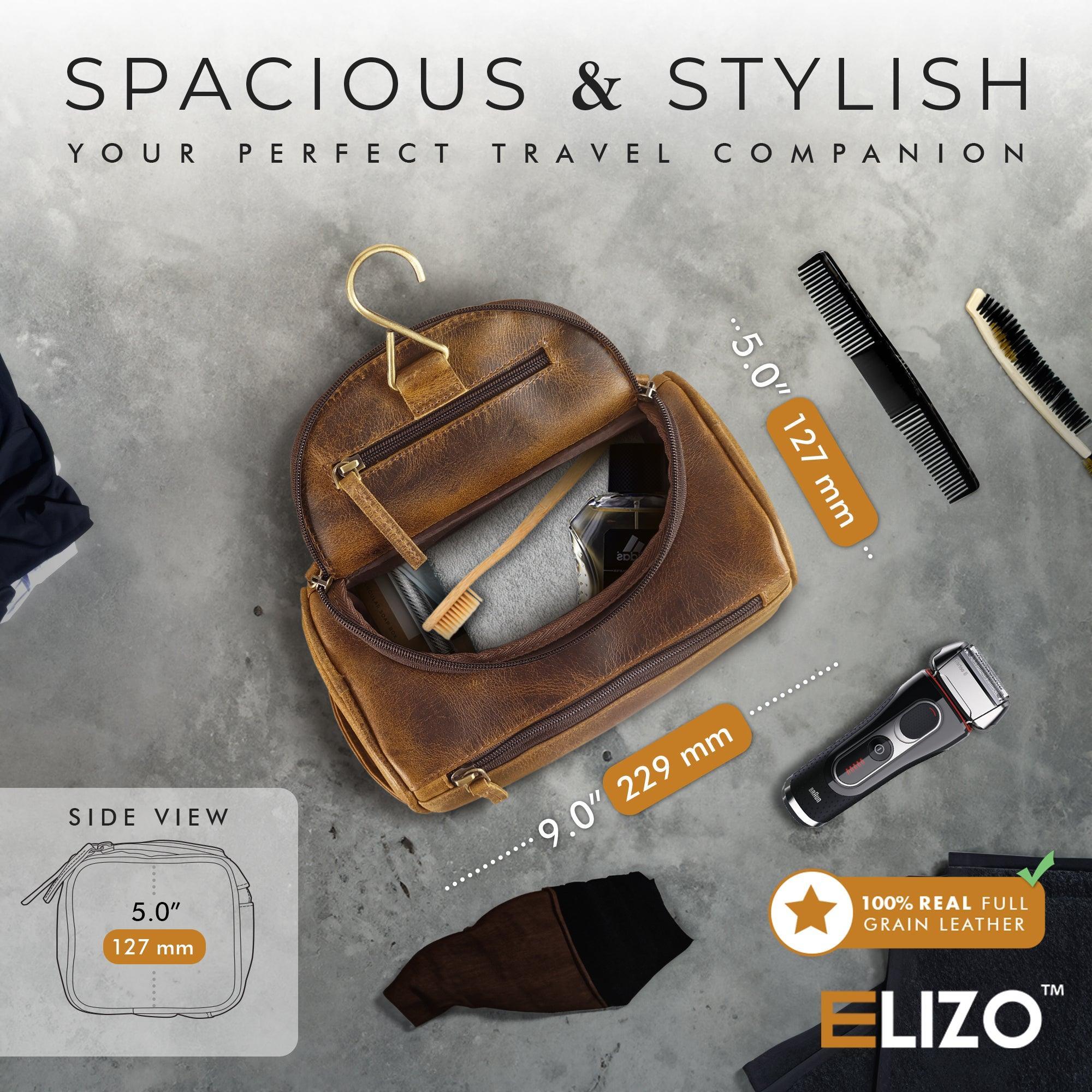 Large Leather Toiletry Bag Dopp Kit Antique - Elizo