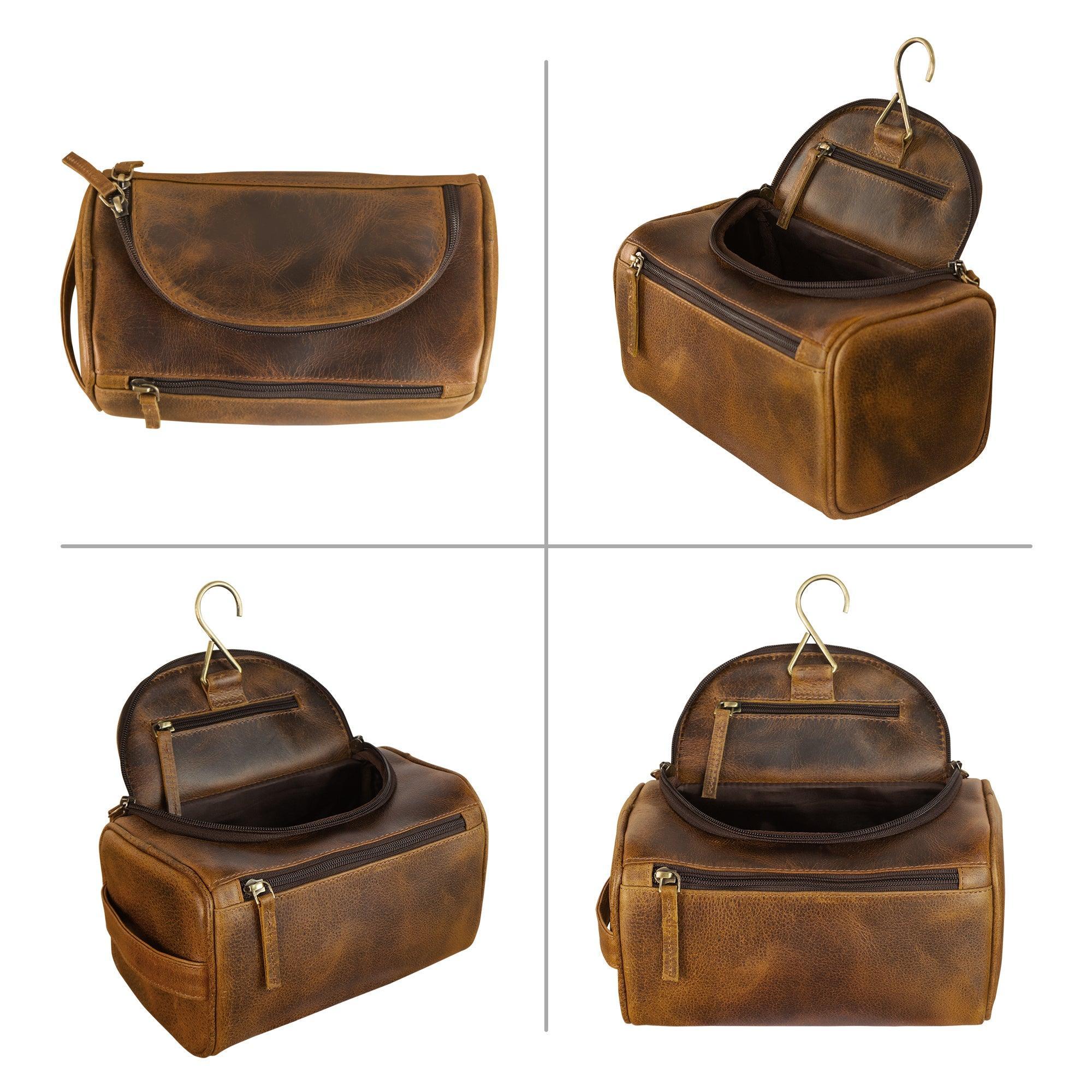 Large Leather Toiletry Bag Dopp Kit Antique - Elizo