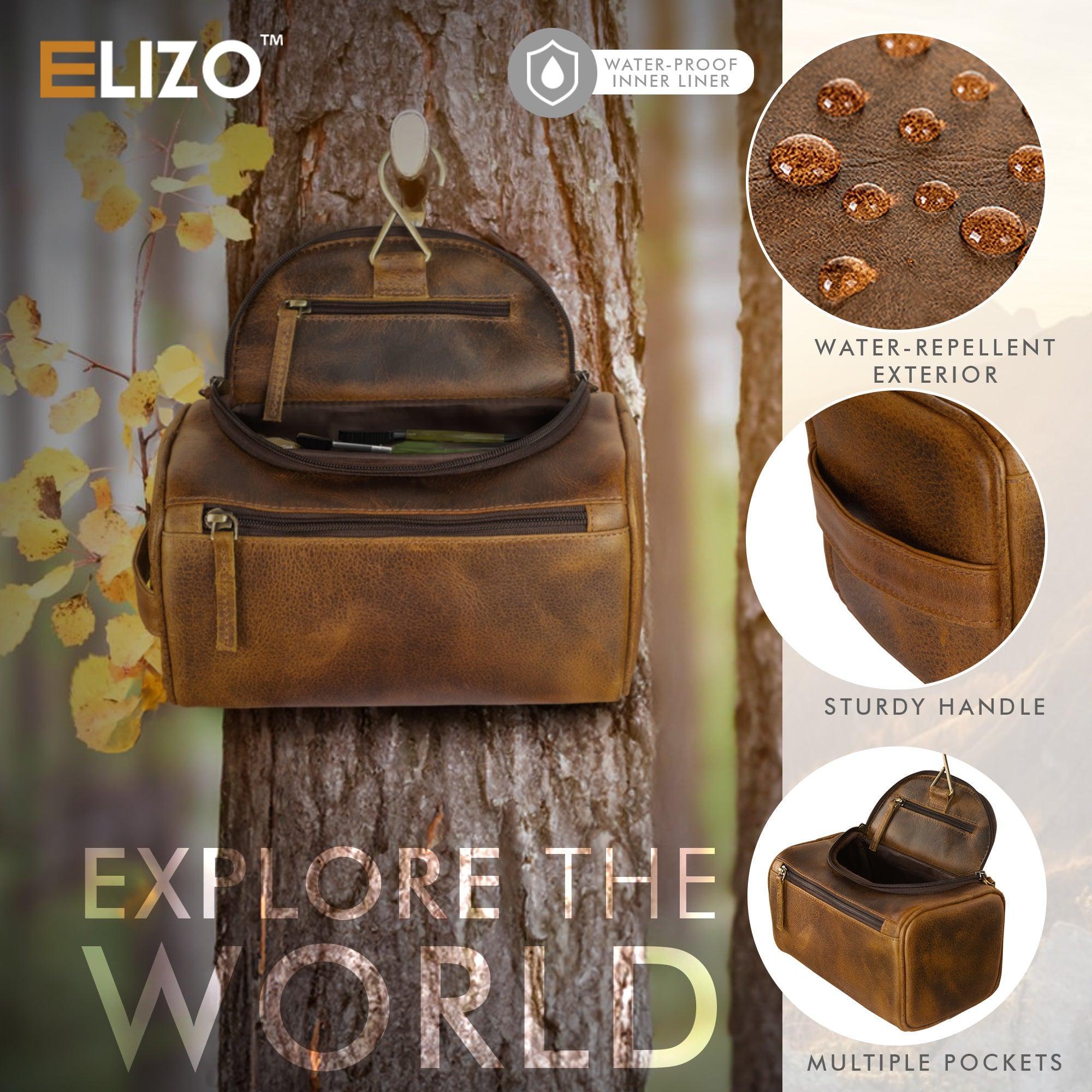 Large Leather Toiletry Bag Dopp Kit Antique - Elizo