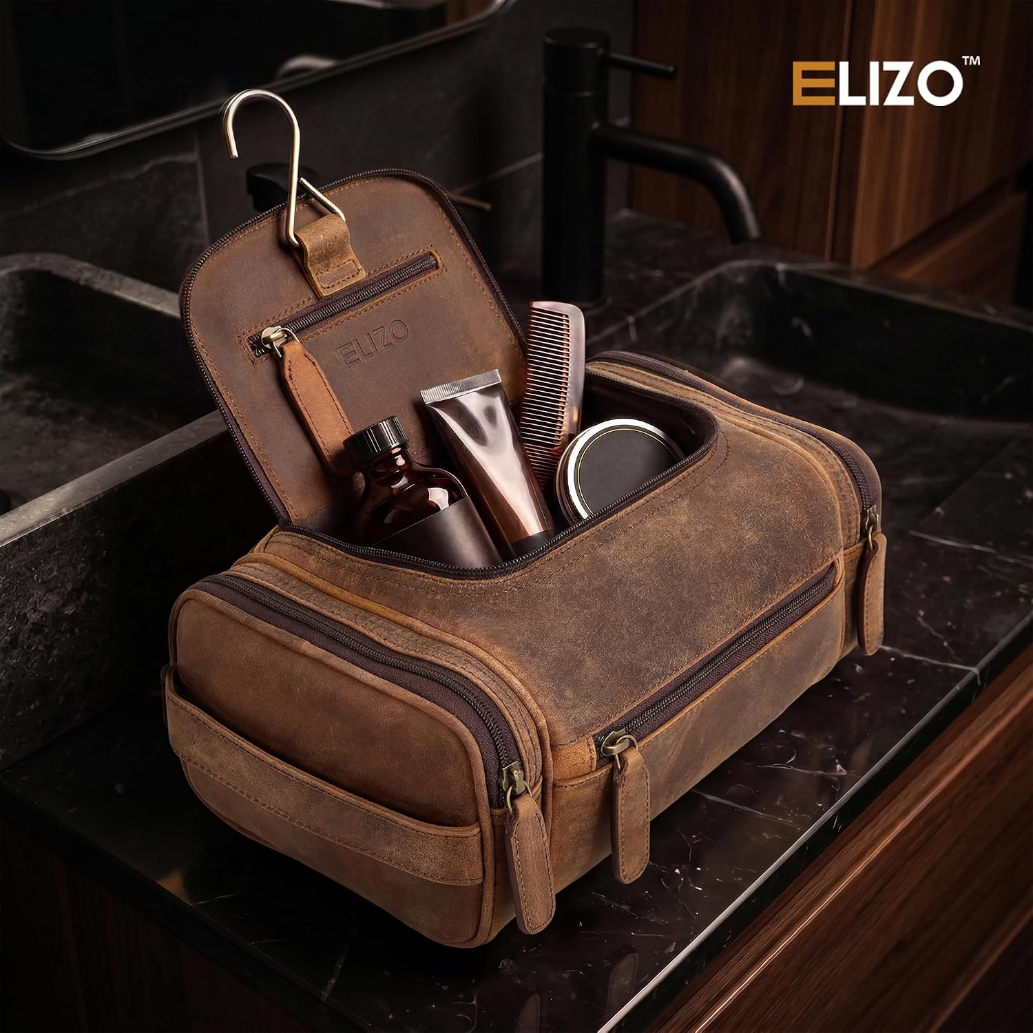 Leather Toiletry Bag Dopp Kit (Large, Grizzly)