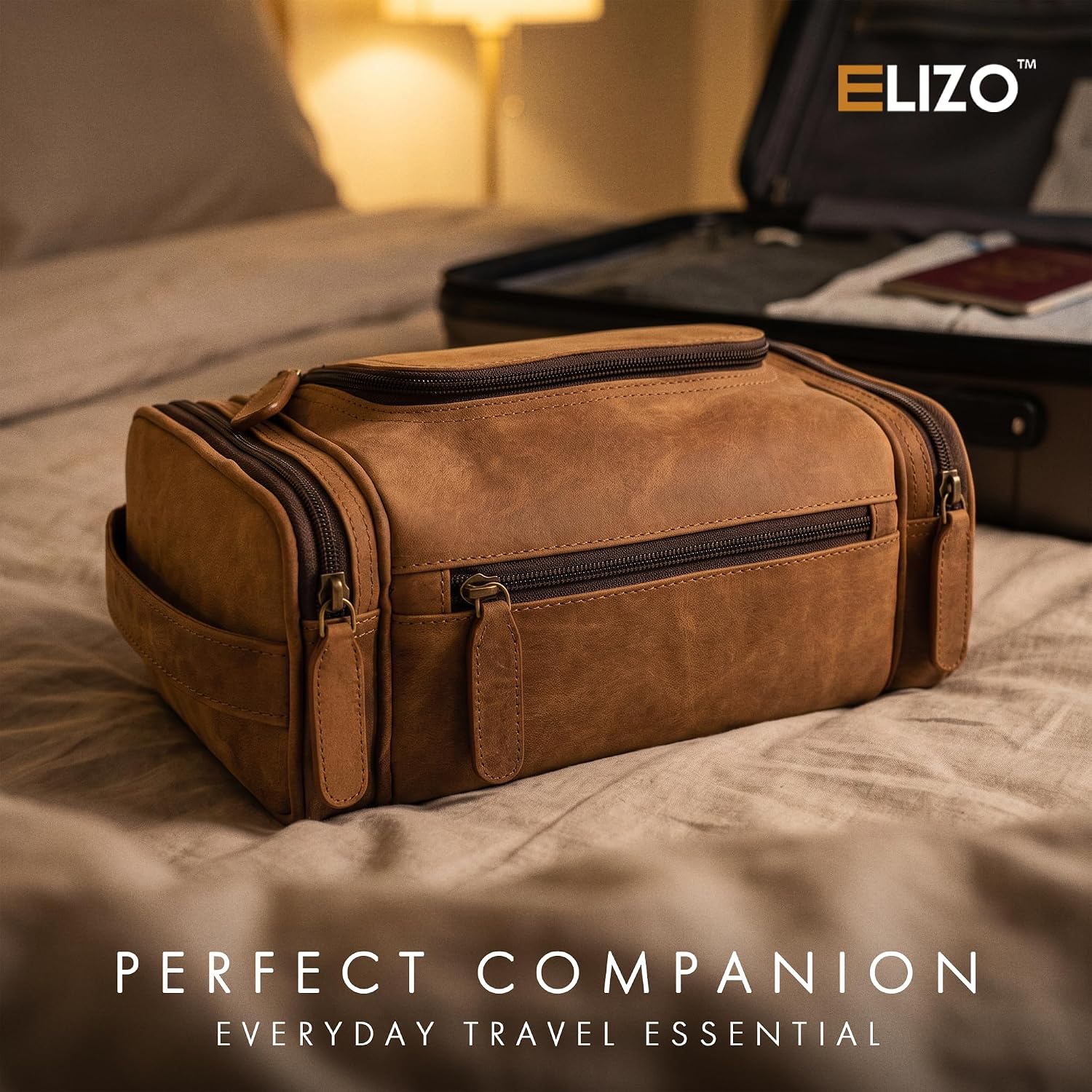 Leather Toiletry Bag Dopp Kit (Large, Saddle)