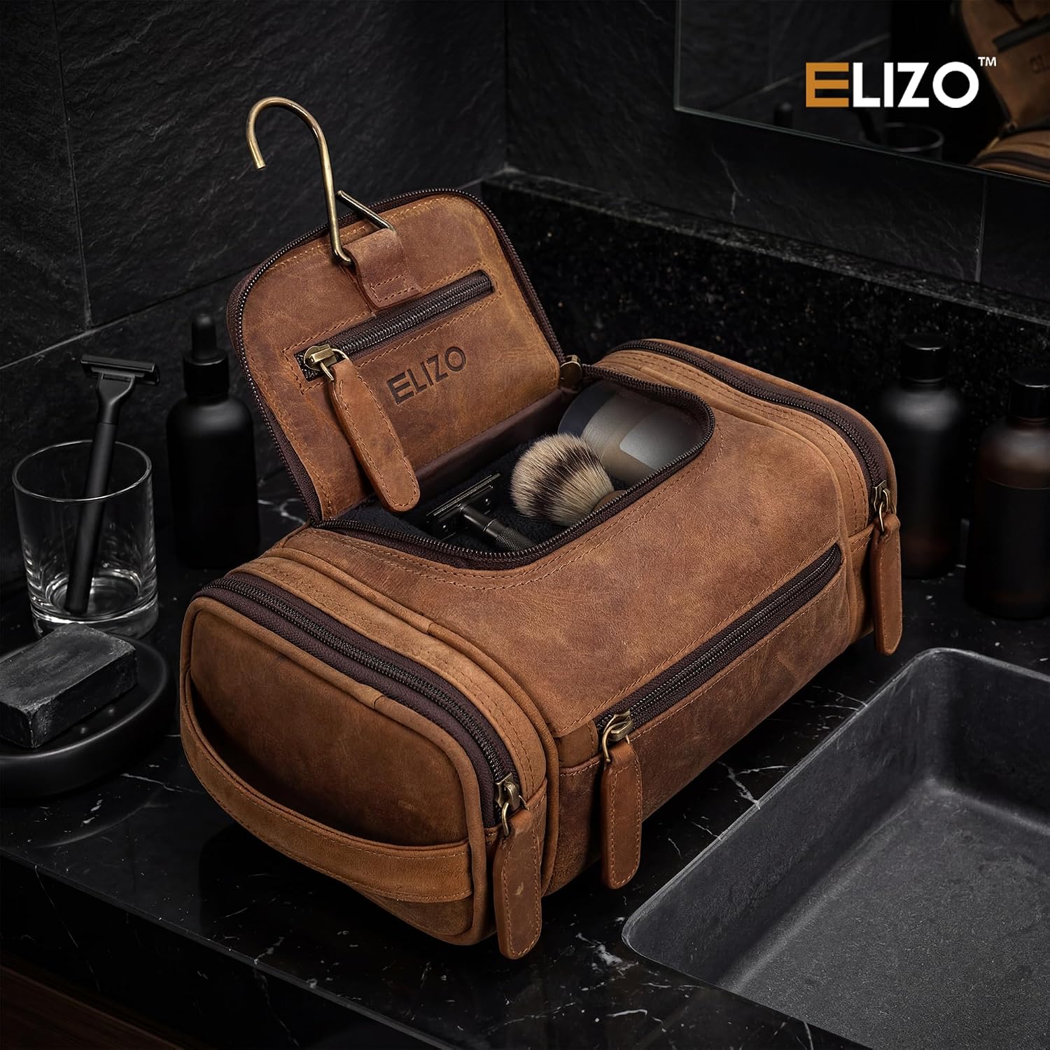 Leather Toiletry Bag Dopp Kit (Small, Saddle)