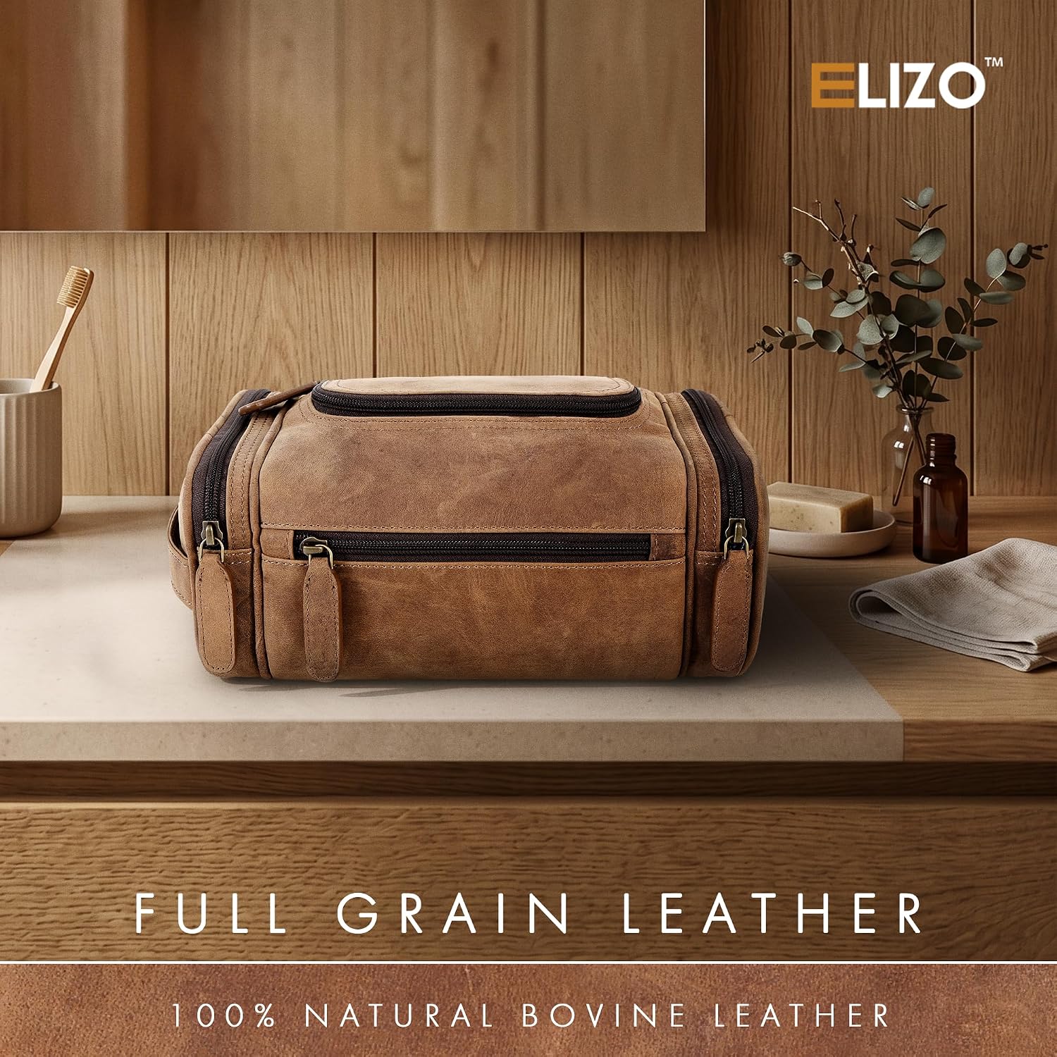Leather Toiletry Bag Dopp Kit (Large, Saddle)