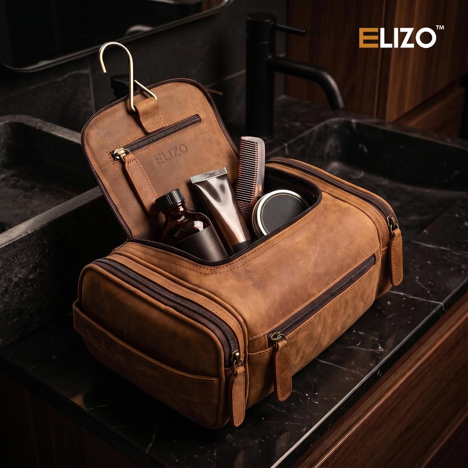 Leather Toiletry Bag Dopp Kit (Large, Saddle)