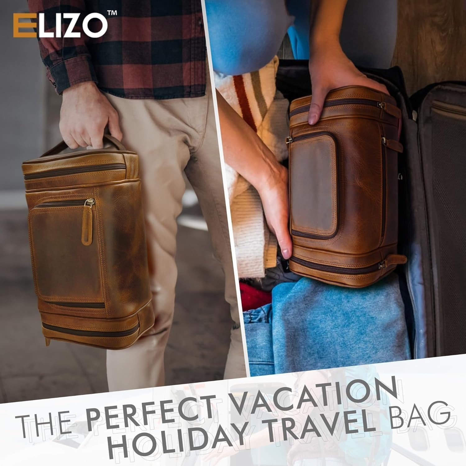 XLarge Leather Toiletry Bag Dopp Kit Antique