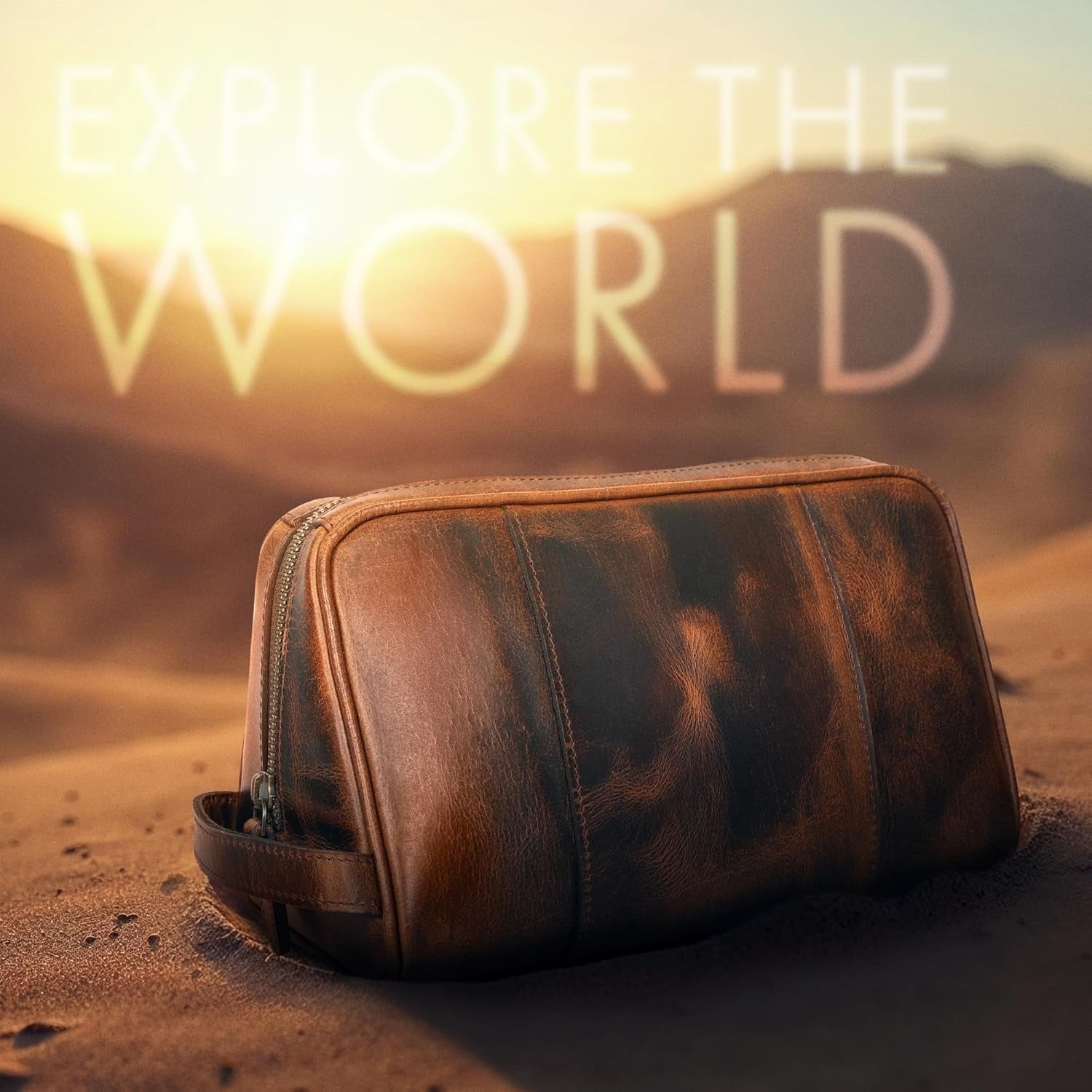 Large Leather Toiletry Bag Dopp Kit Antique