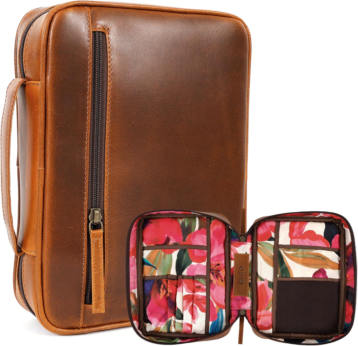 Study Leather Bible Case (Cognac with Floral Interior)