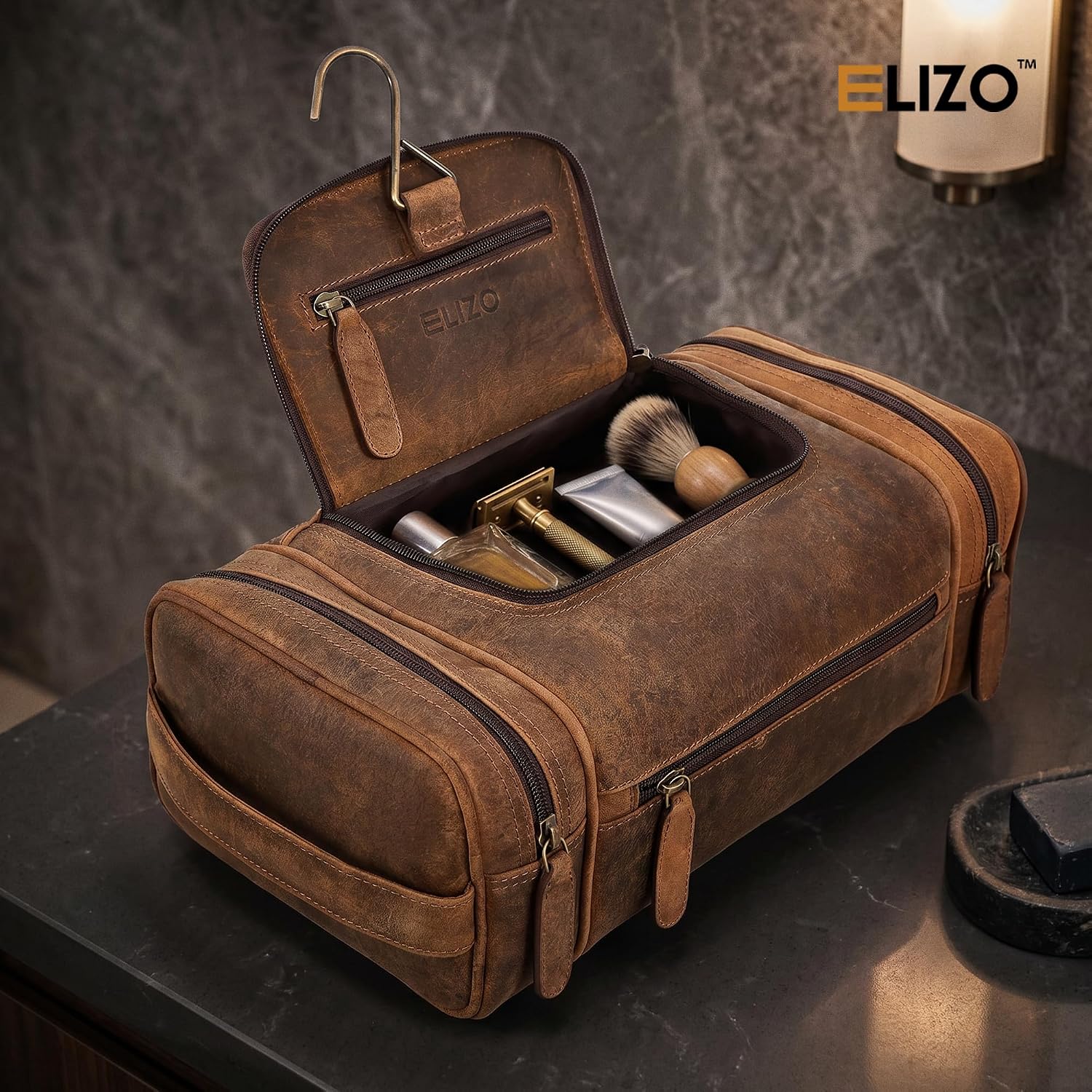 Leather Toiletry Bag Dopp Kit (X-Large, Grizzly)