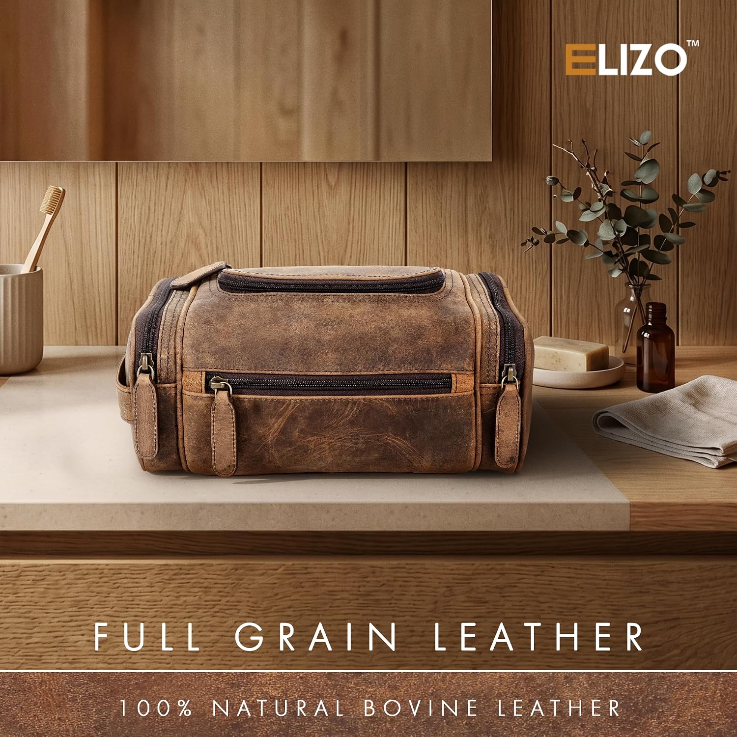 Leather Toiletry Bag Dopp Kit (Large, Grizzly)