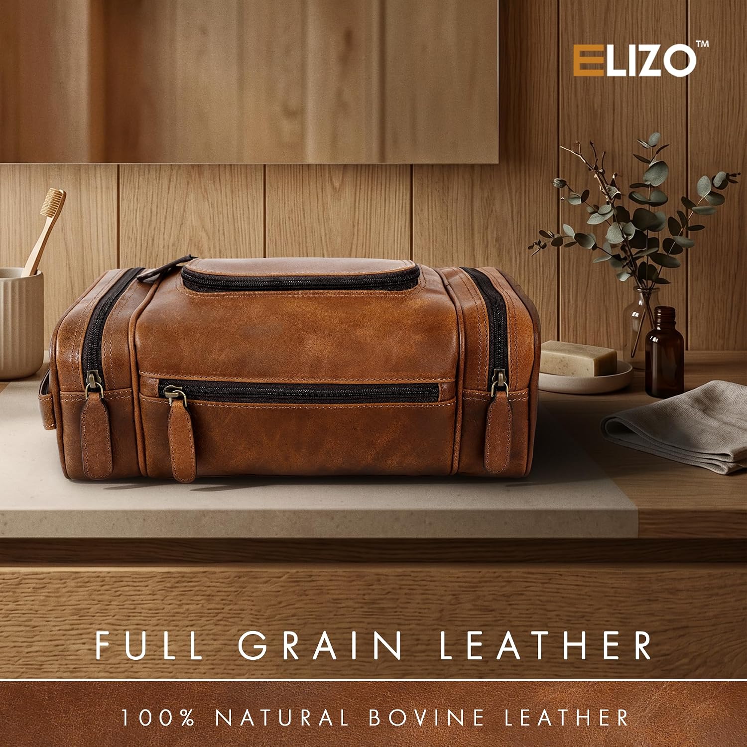 Leather Toiletry Bag Dopp Kit (X-Large, Cognac)