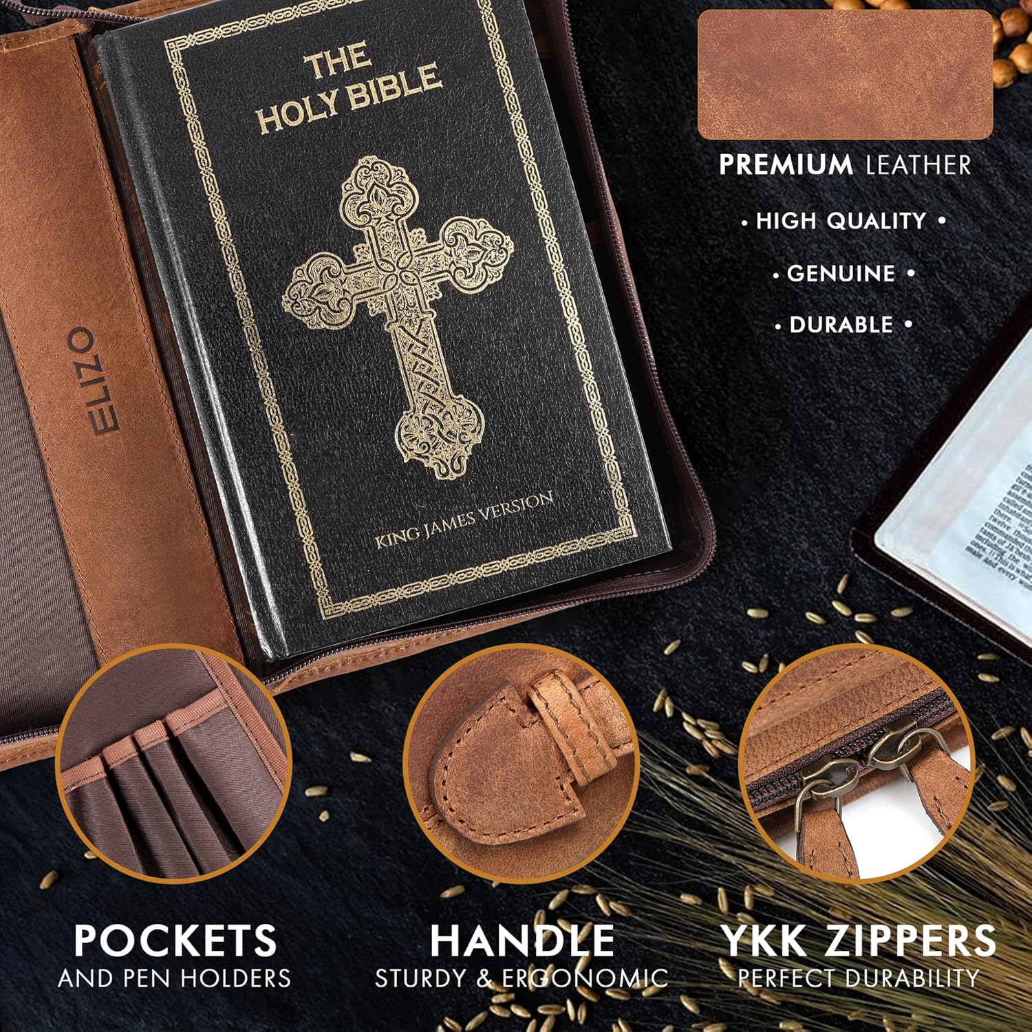 Study Leather Bible Case (Saddle Red/Cross)