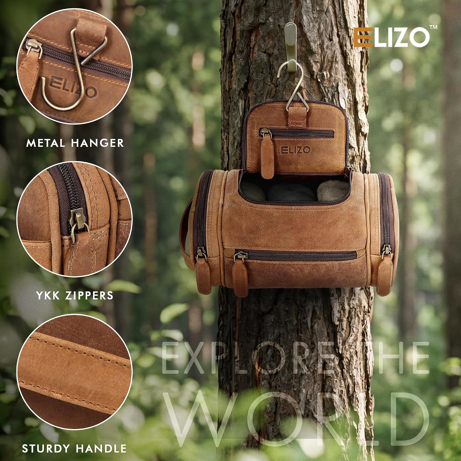 Leather Toiletry Bag Dopp Kit (Small, Saddle)