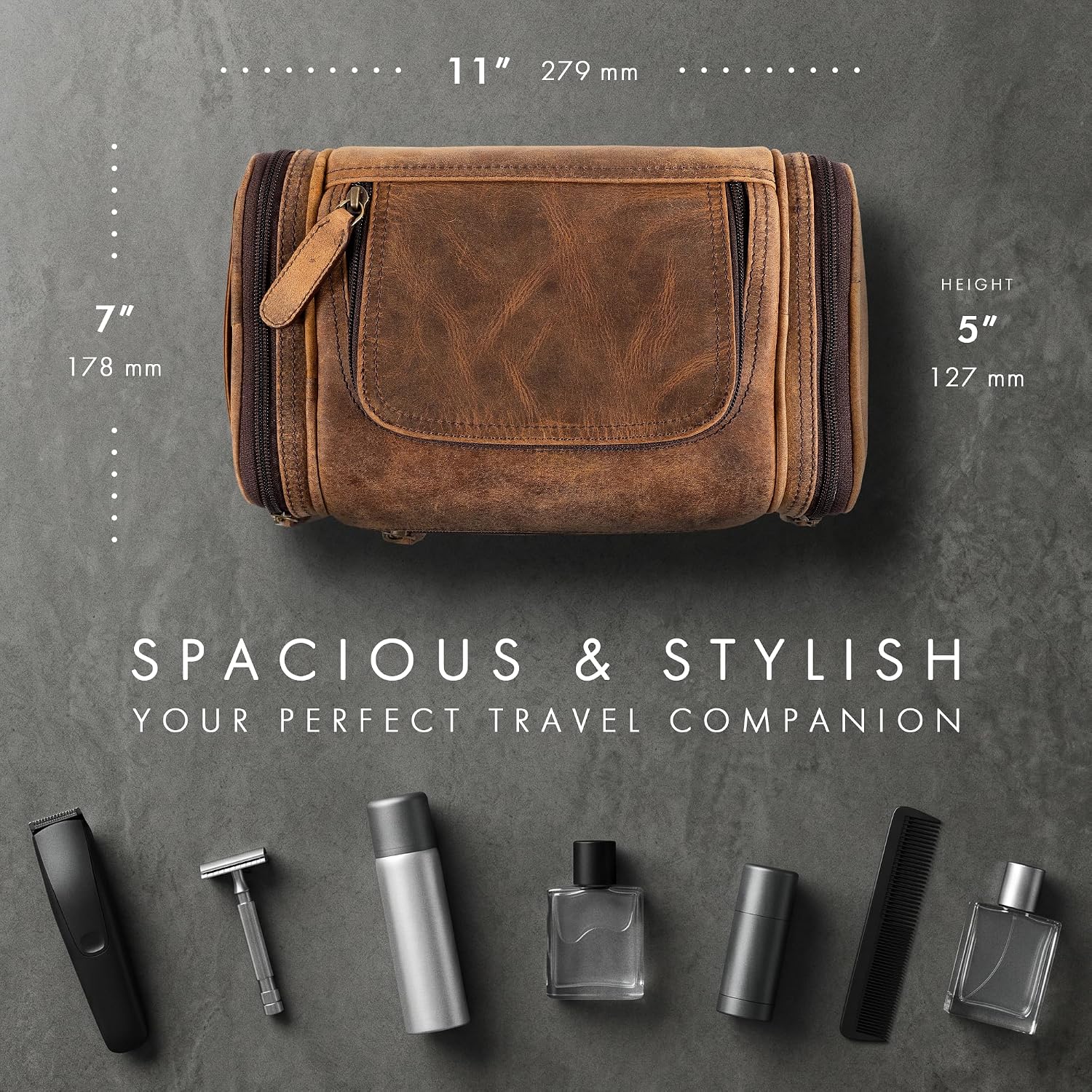 Leather Toiletry Bag Dopp Kit (Large, Grizzly)
