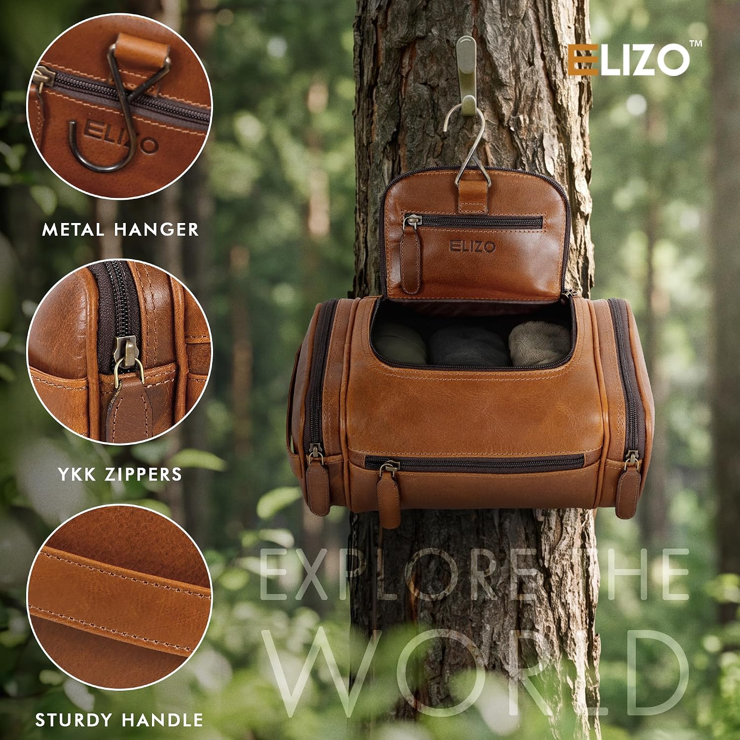Leather Toiletry Bag Dopp Kit (Large, Cognac)