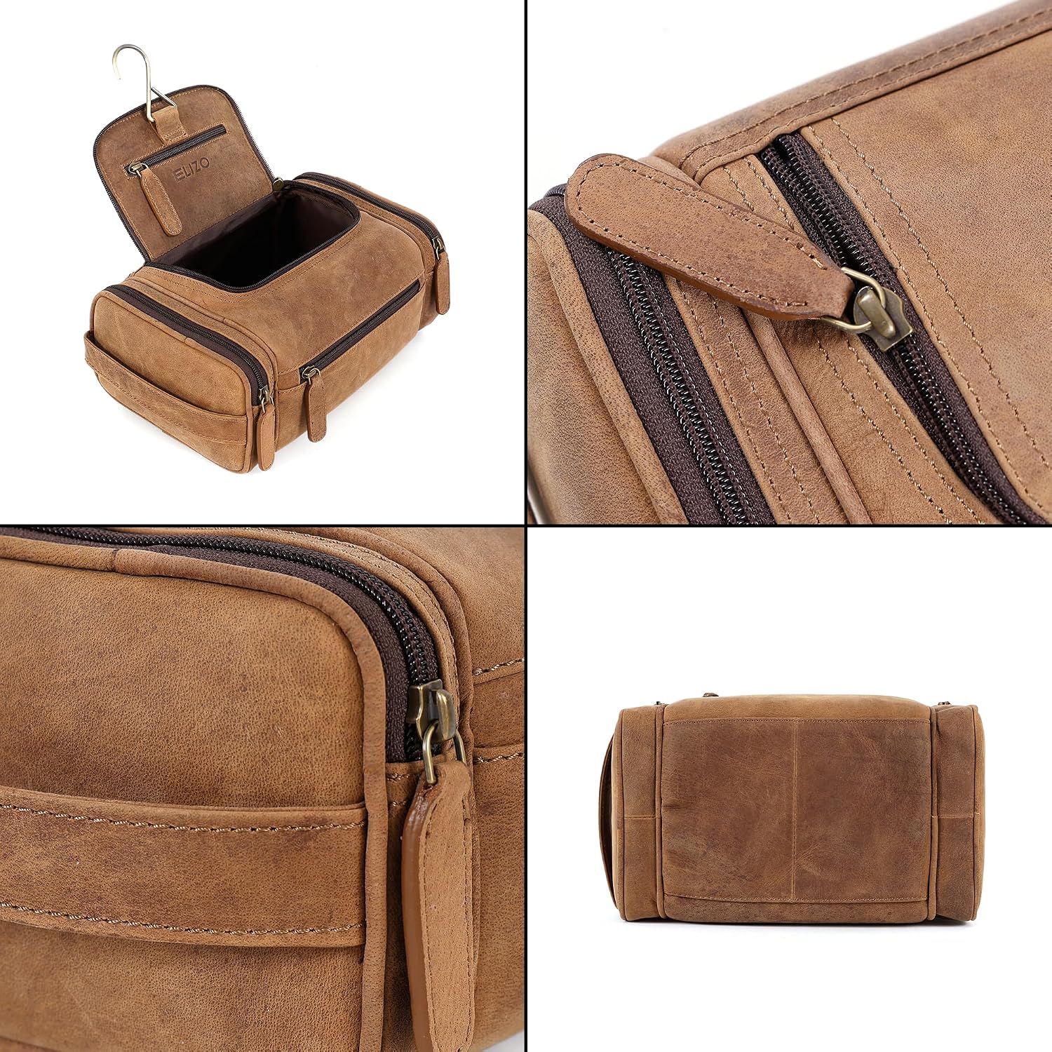 Leather Toiletry Bag Dopp Kit (Large, Saddle)