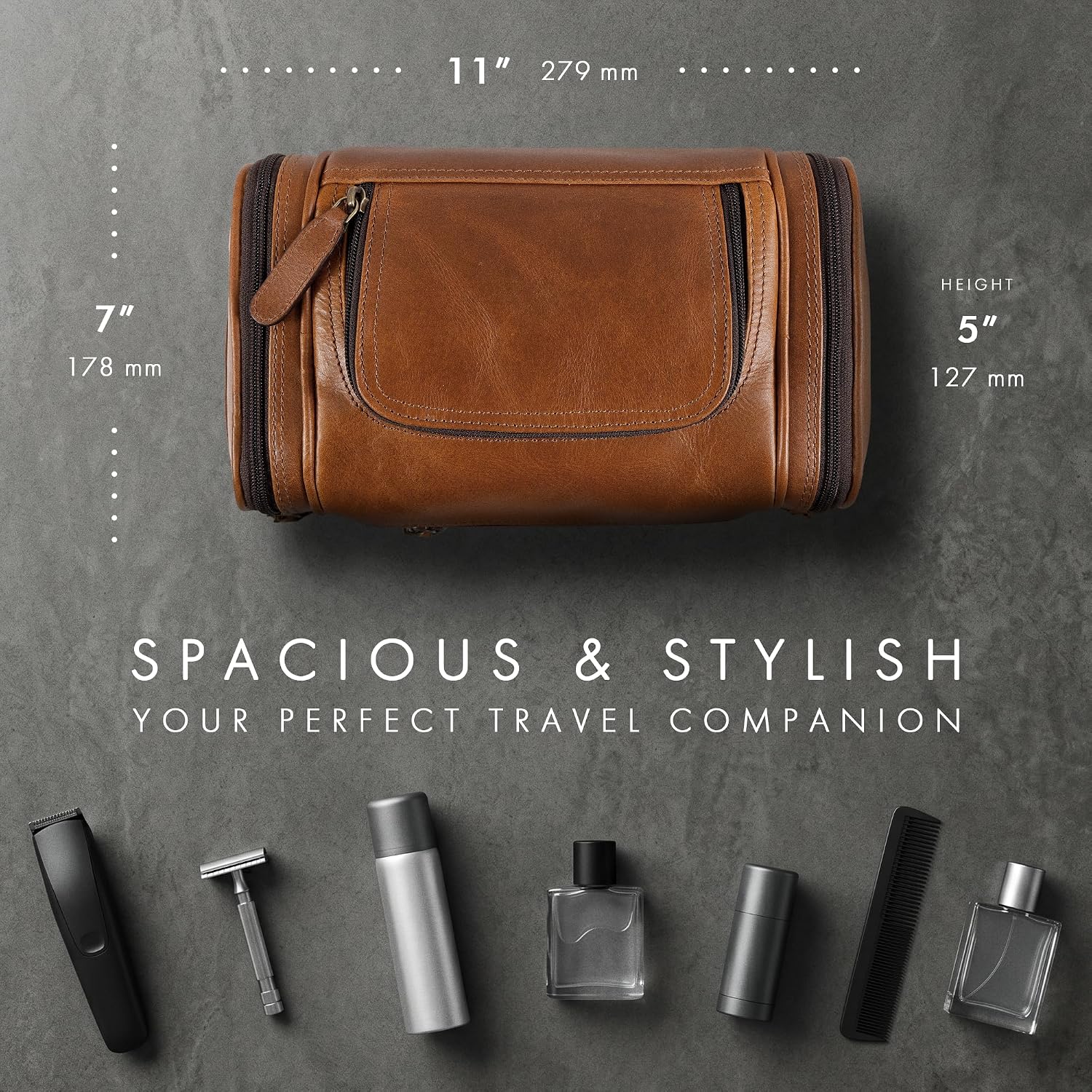 Leather Toiletry Bag Dopp Kit (Large, Cognac)