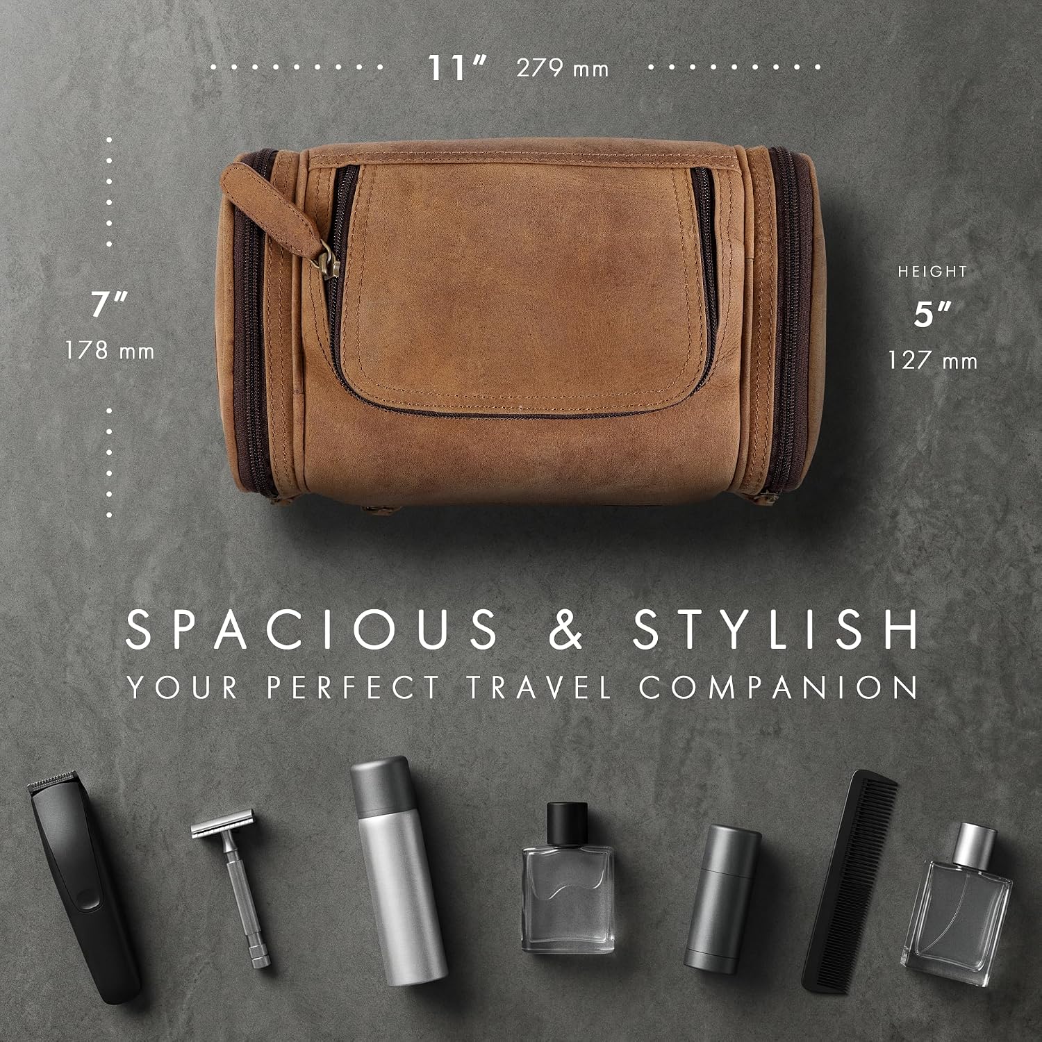 Leather Toiletry Bag Dopp Kit (Large, Saddle)