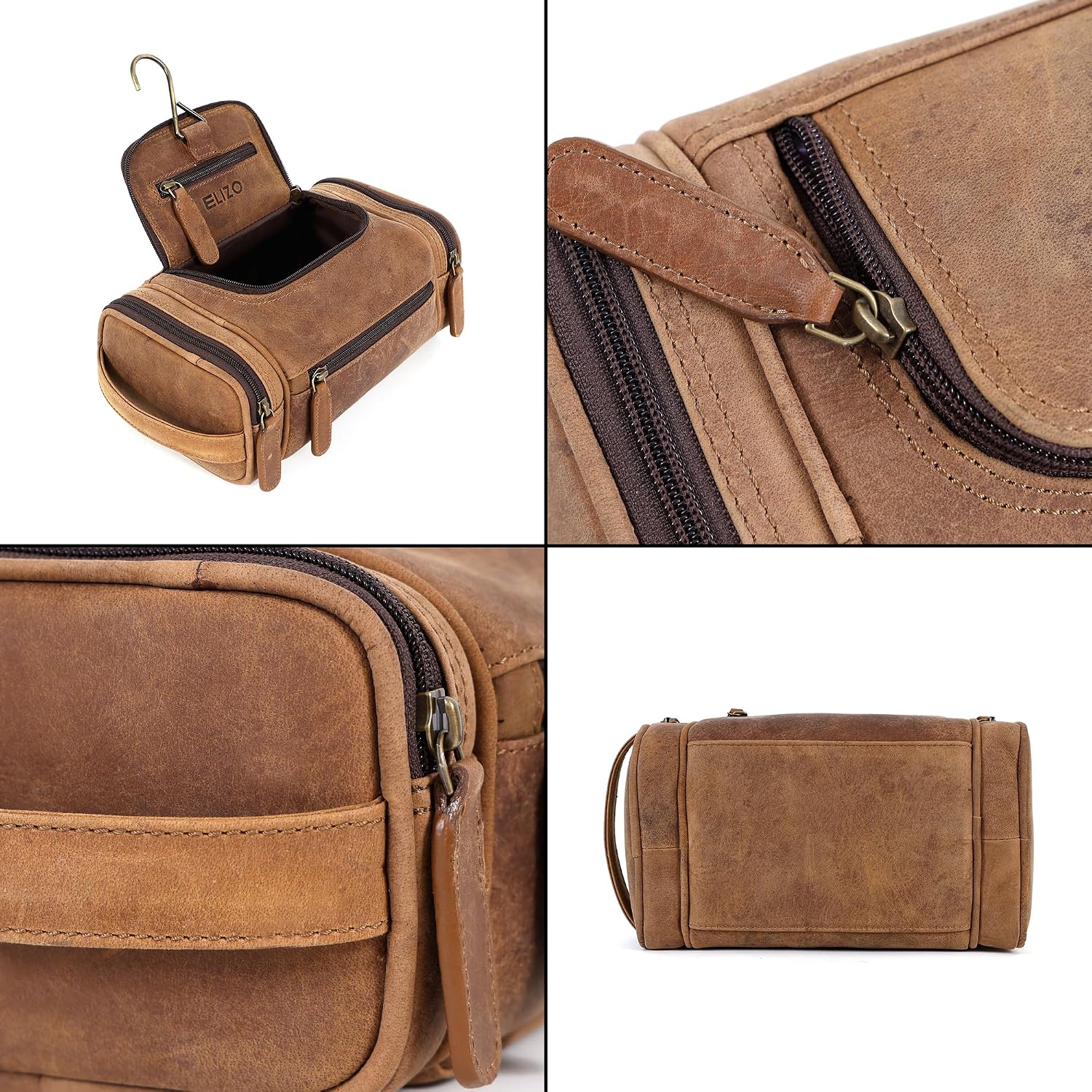 Leather Toiletry Bag Dopp Kit (Small, Saddle)