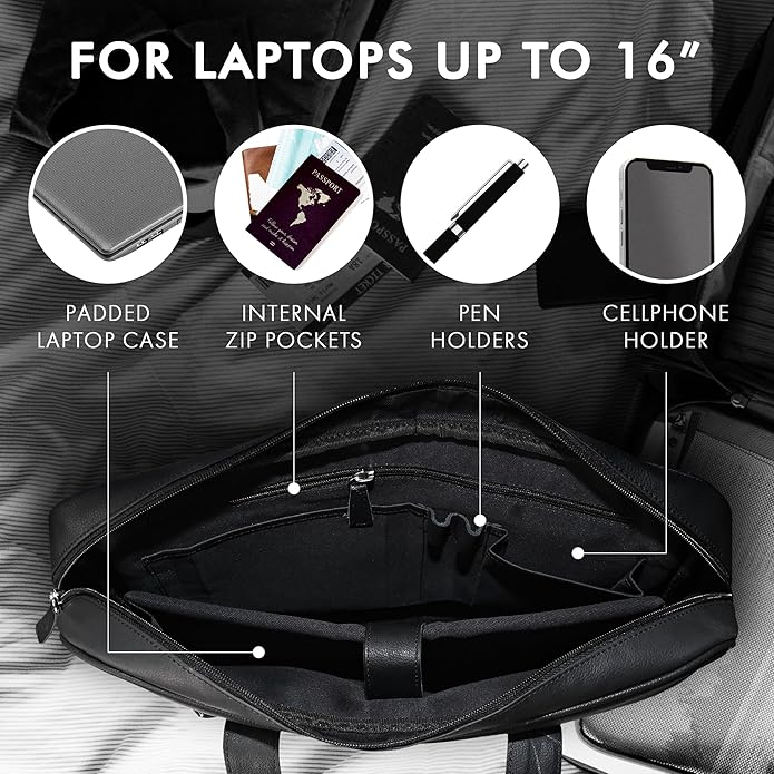 Leather Briefcase for 16-Inch Laptop (Black)