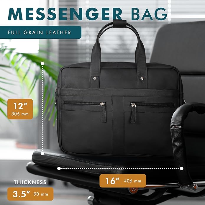 Leather Briefcase for 16-Inch Laptop (Black)