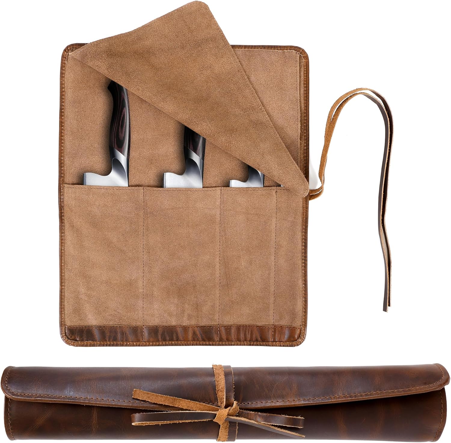Leather Knife Roll for Chefs – 4 Slots (Bourbon)
