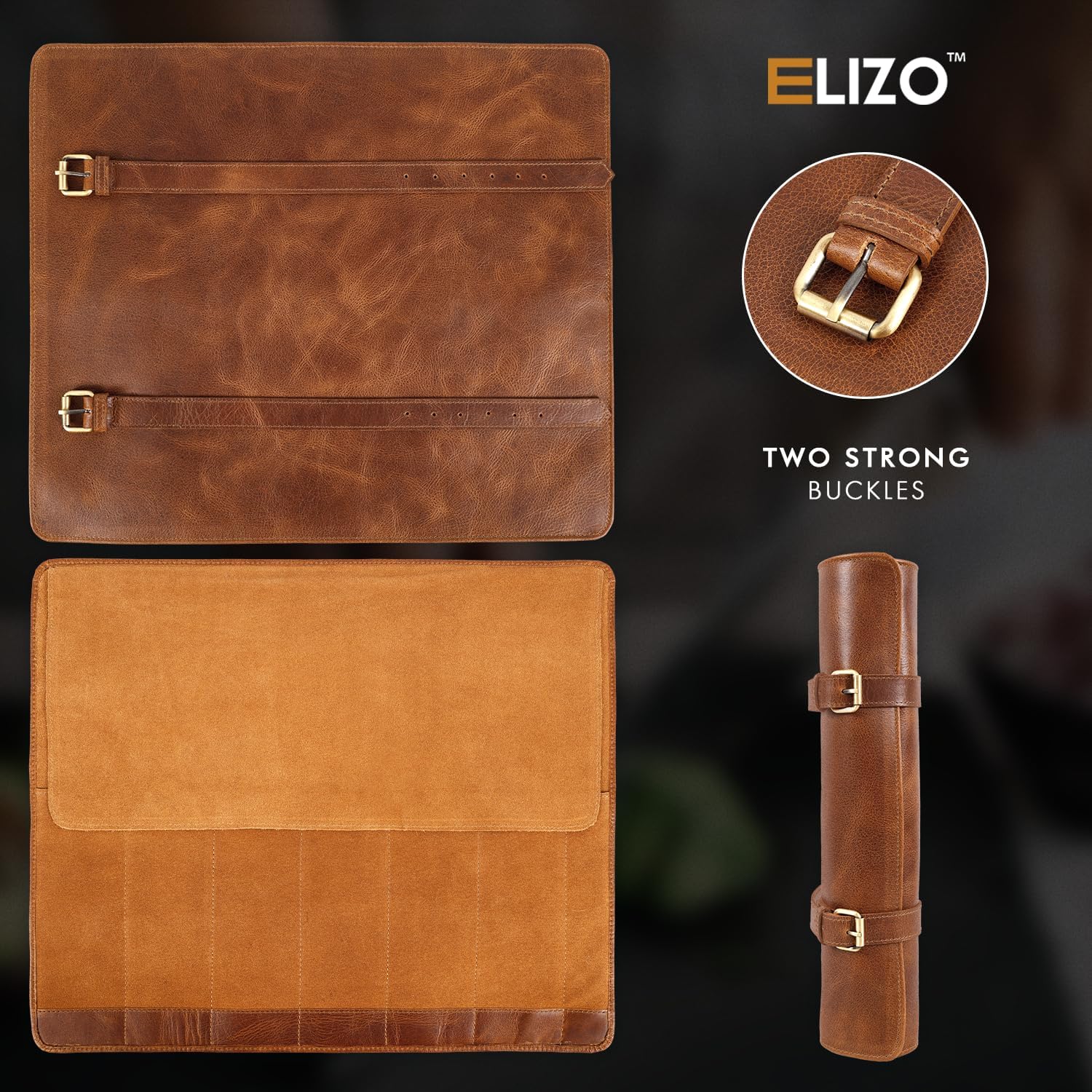 Full Grain Leather Knife Roll for Chefs - 7 Slots (Cognac, Buckle Style)