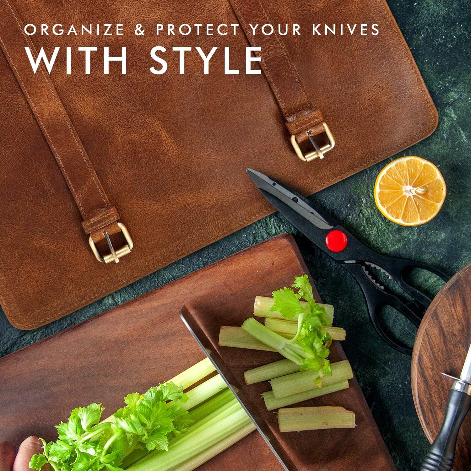 Full Grain Leather Knife Roll for Chefs - 7 Slots (Cognac, Buckle Style)