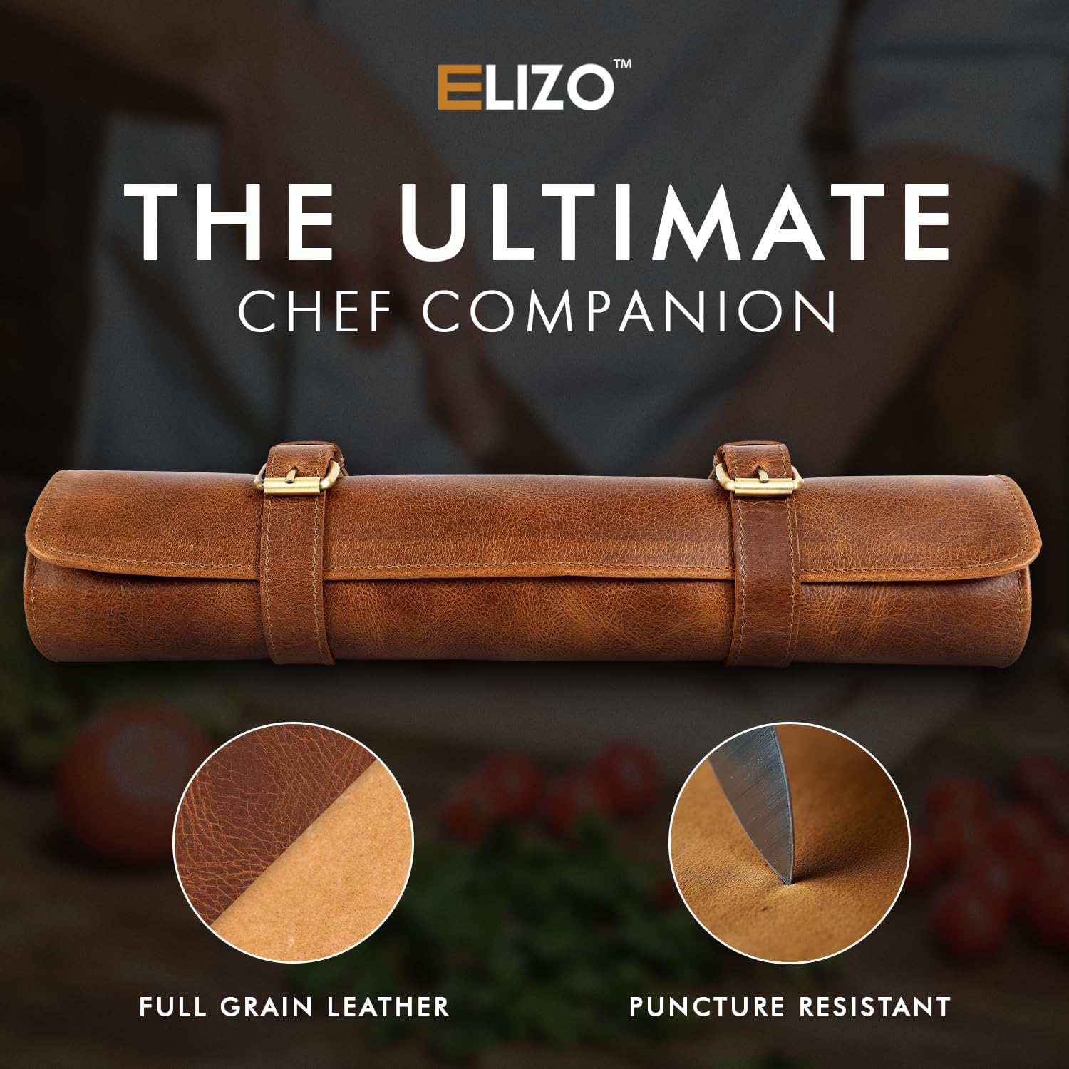 Full Grain Leather Knife Roll for Chefs - 7 Slots (Cognac, Buckle Style)
