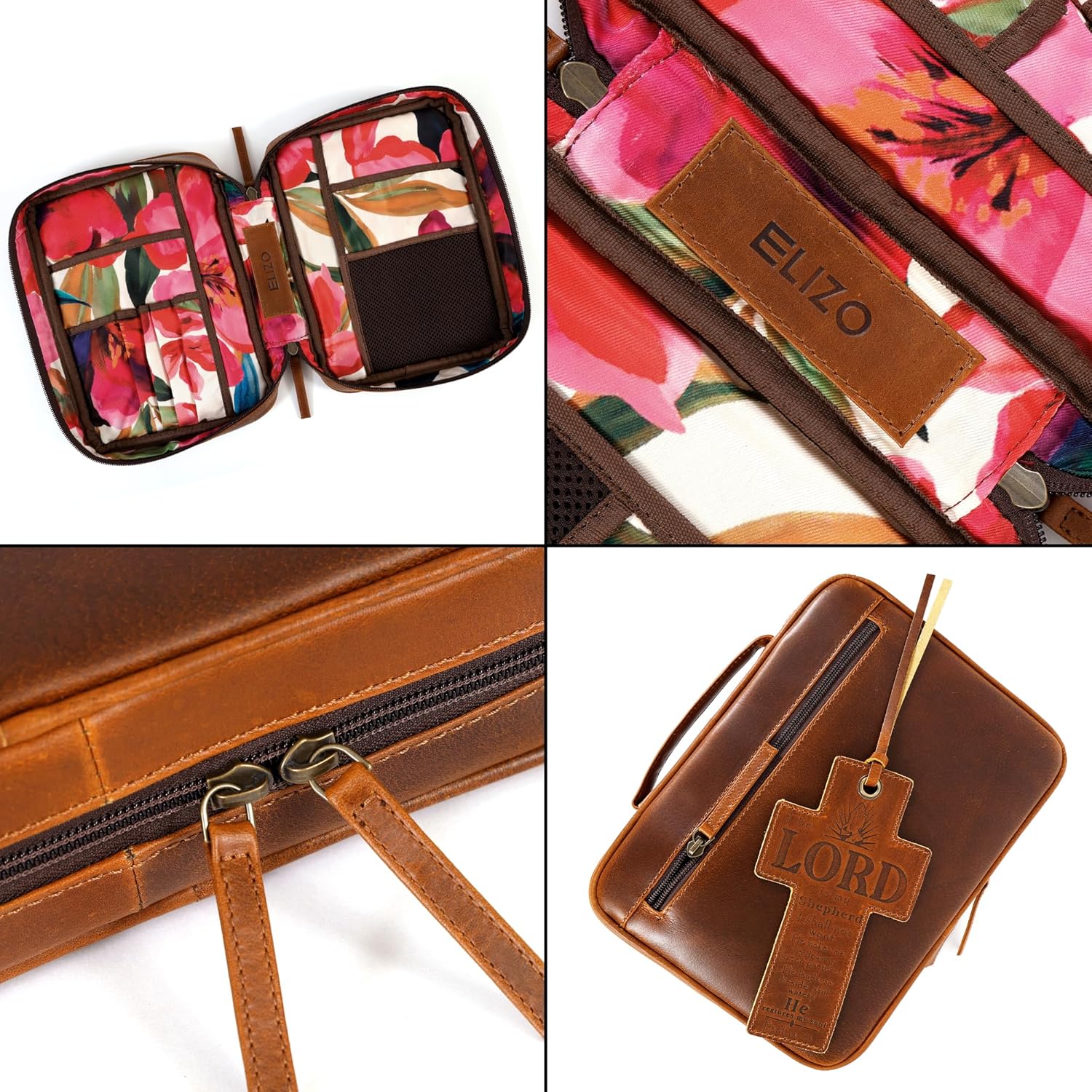 Leather Bible Case (Cognac with Floral Interior)