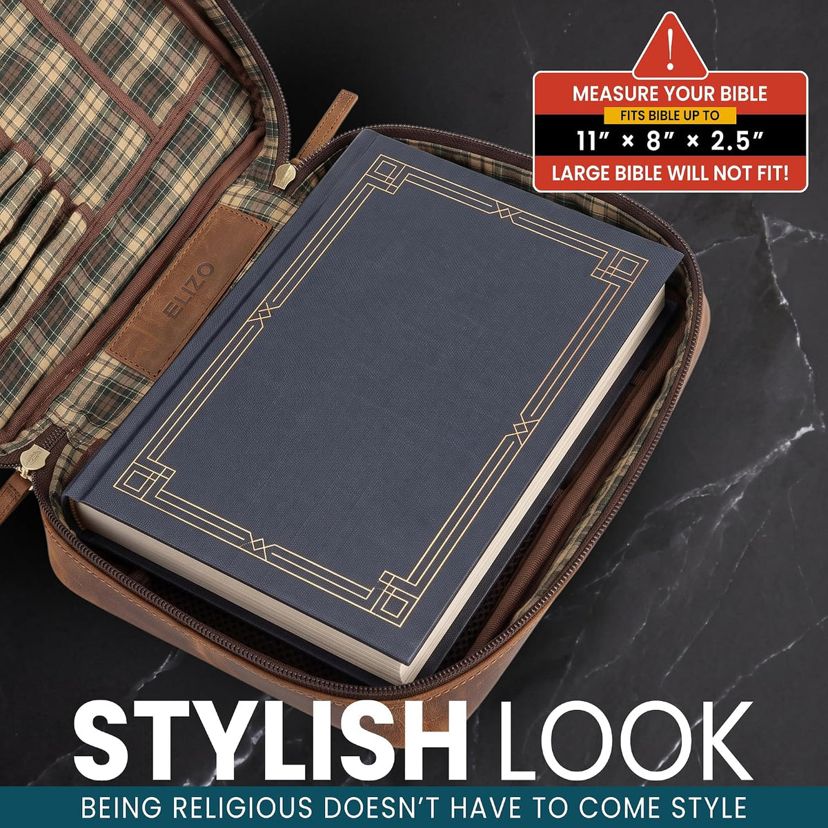 Extra Large Leather Bible Case (Grizzly with Plaid Interior)