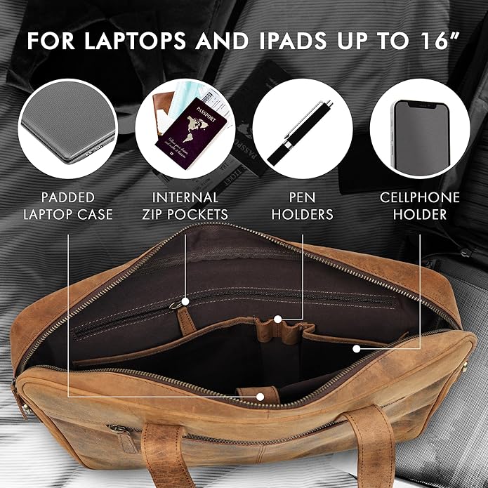 Leather Briefcase for 16-Inch Laptop (Saddle)