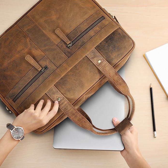 Leather Briefcase for 16-Inch Laptop (Saddle)