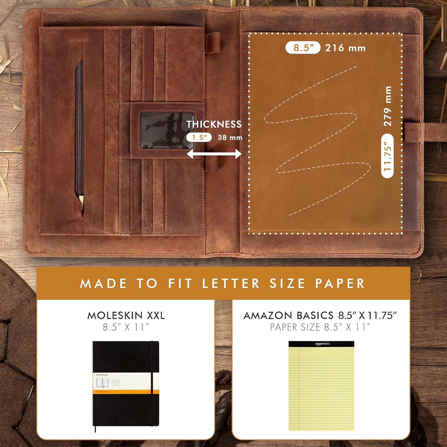 Leather Portfolio Organizer (Saddle, Letter Strap)