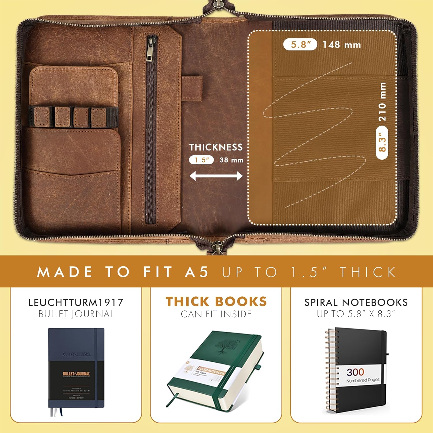 A5 Leather Portfolio & Notebook Cover (Saddle)