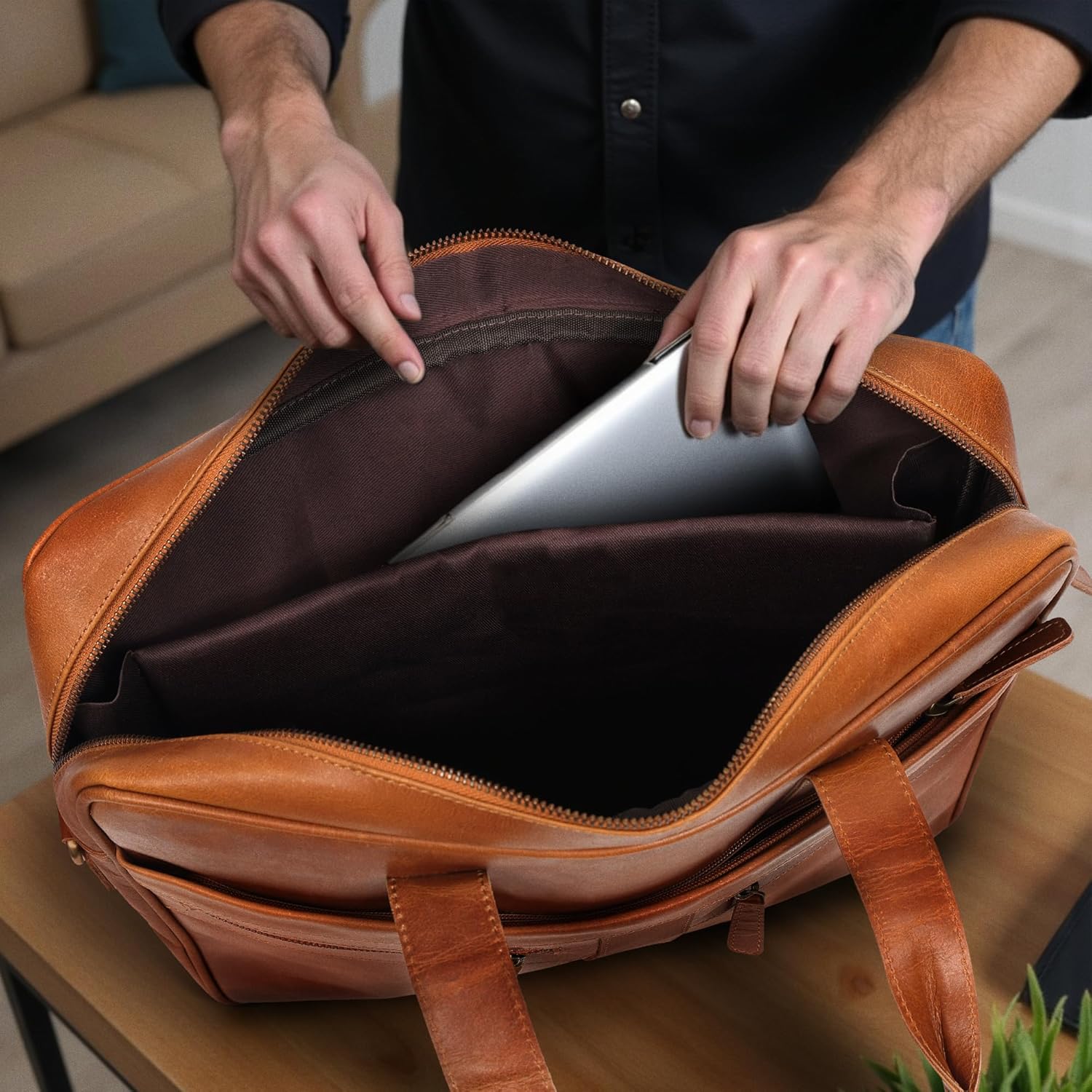 Leather Briefcase for 16-Inch Laptop (Tan)