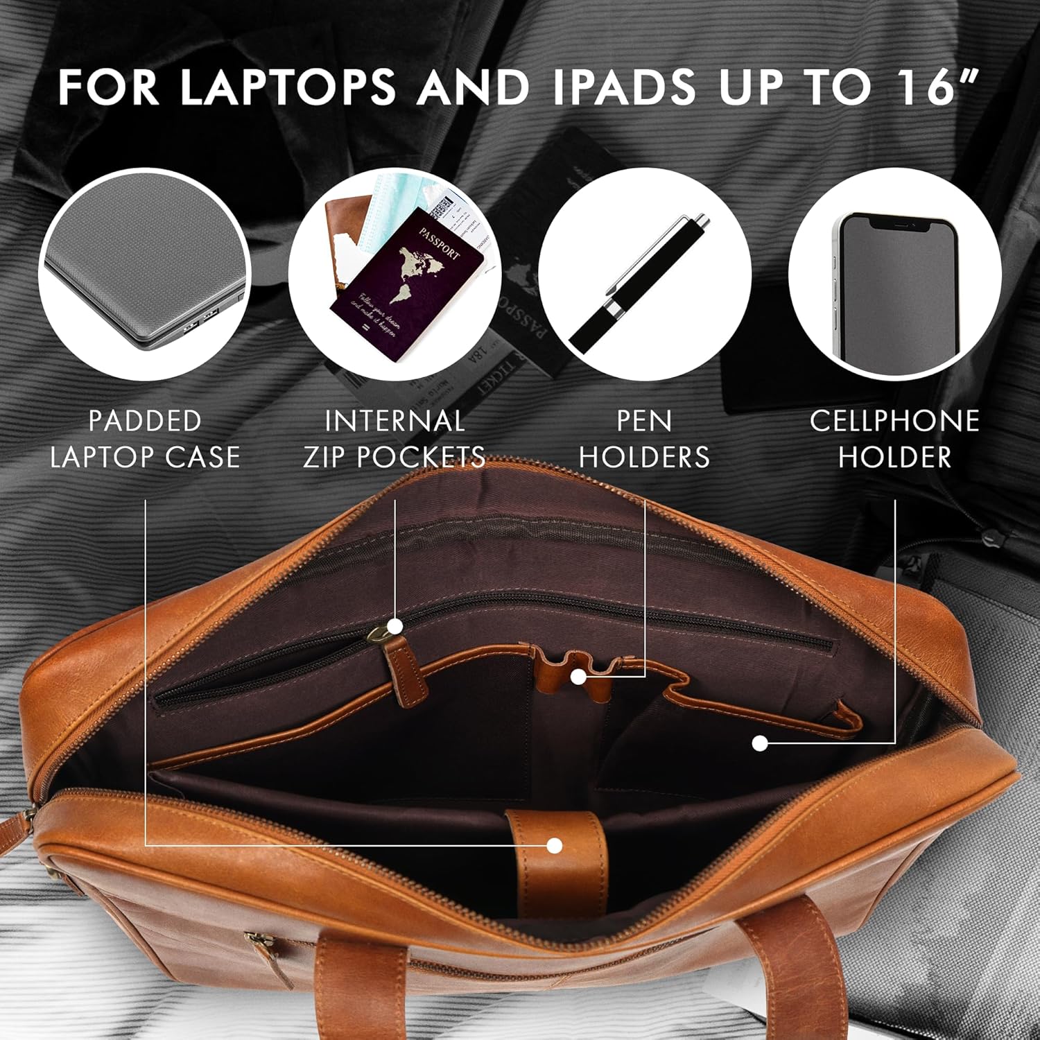 Leather Briefcase for 16-Inch Laptop (Tan)