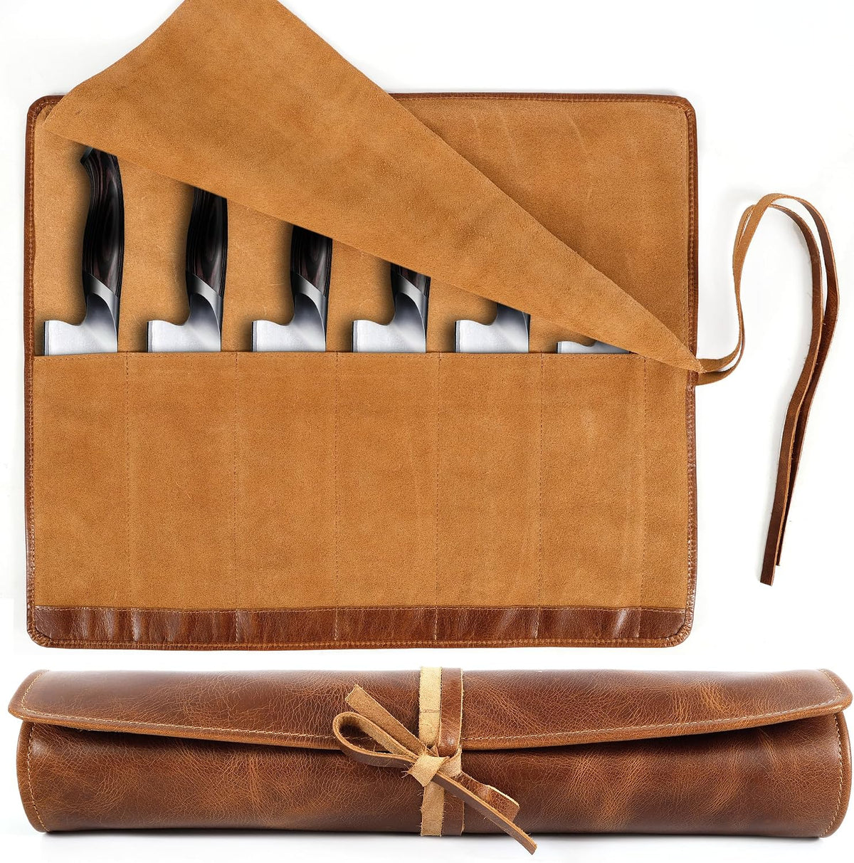 Full Grain Leather Knife Roll for Chefs - 7 Slots (Cognac, Wrap Style), #product_type - Elizo